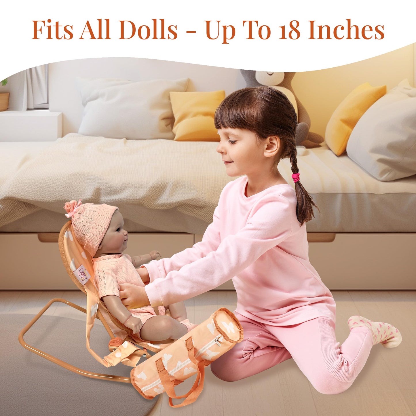 4-in-1 Baby Doll Stroller Set with Butterfly Design – Includes Toy Stroller, Crib, Bouncer & High Chair – Doll Accessories & Baby Doll Furniture Set for Toddlers 3-4 Years – Fits Dolls up to 18 Inches