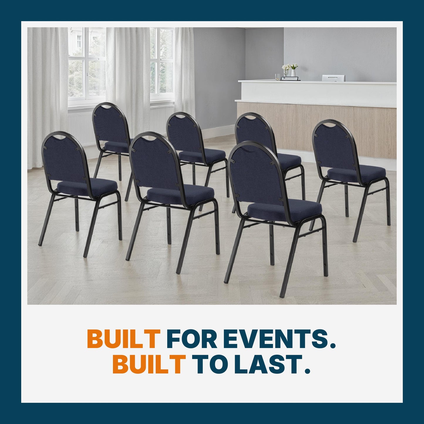 OEF Furnishings OEF9200F Series Dome Back Upholstered Stackable Banquet Chairs Premium Commercial Seating (2 Pack, Fabric, Midnight Blue, Black Santex Frame)