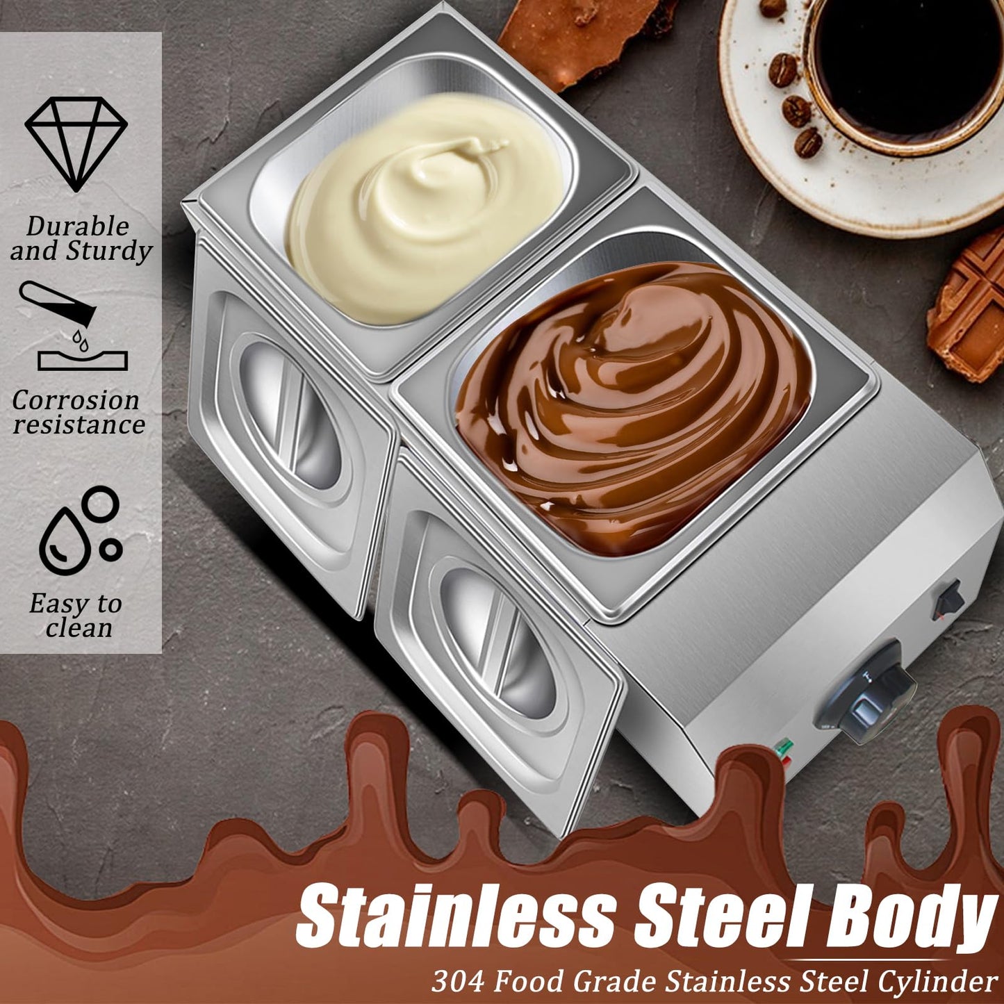 Chocolate Melting Pot, 9 Lbs 2 Tanks Chocolate Tempering Machine Chocolate Melter with TEMP Control 86~185℉, 1000W Stainless Steel Electric Commercial Chocolate Warmer and Melter