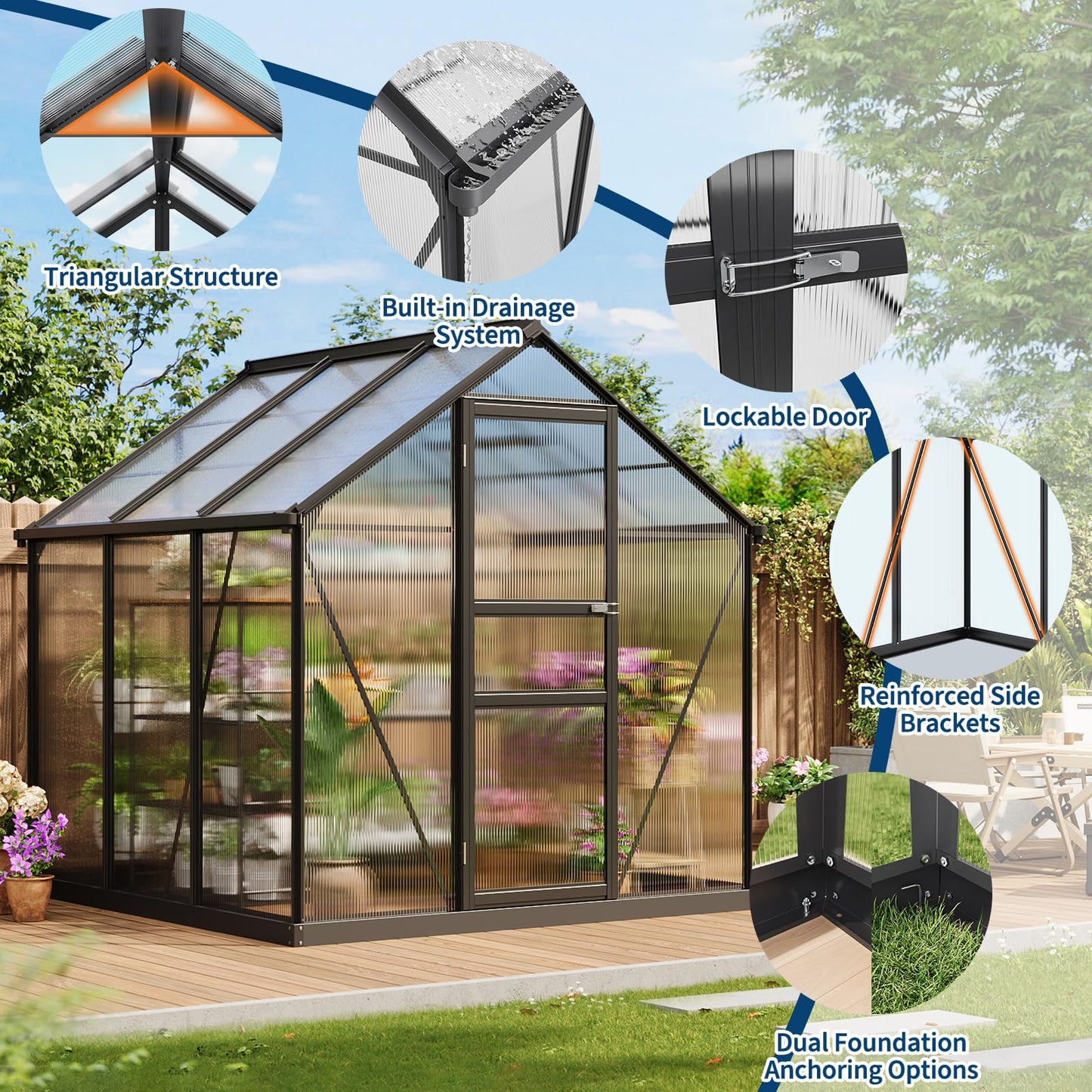 6x6 FT Outdoor Walk-in Greenhouse,All-Season Polycarbonate Garden Greenhouse with Reinforced Aluminum Frame, Roof Vent, Lockable Door & Easy Setup – Includes Ground Nails & Drainage(Black)
