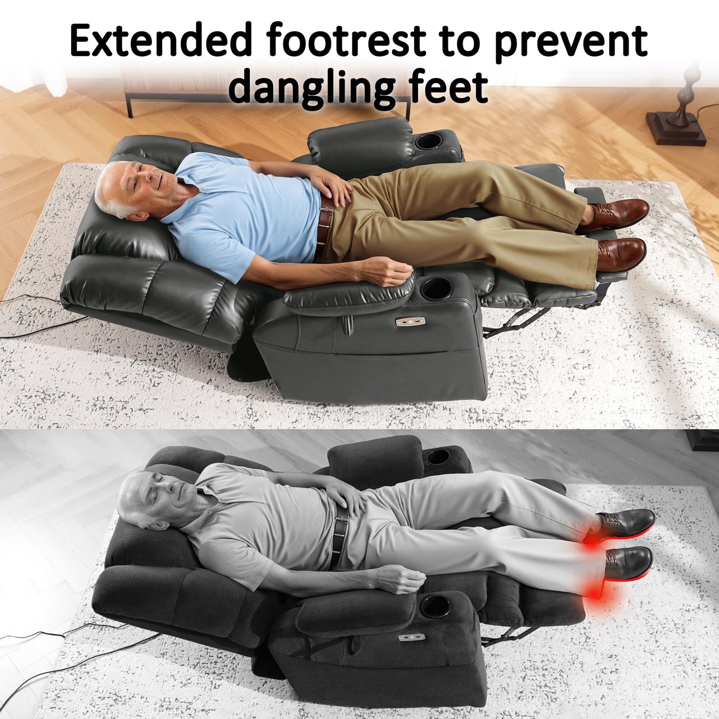 MCombo Large Triple Motor Power Lift Recliner Chair with Massage and Dual Heating, Adjustable Headrest for Tall Elderly People, Faux Leather 7634 (Dark Grey, Large)