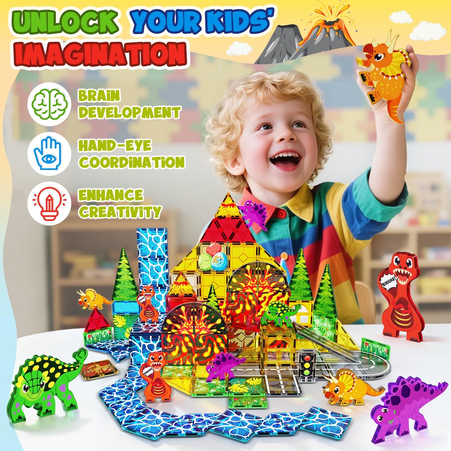 Magnetic Tiles with 4 Dinosaur Toys - Jurassic Scenes Dino World Magnet Tiles for Kids, Magnetic Building Blocks Set for Boys Girls Ages 3+, Sensory Toddler Creative Games Birthdays Gifts