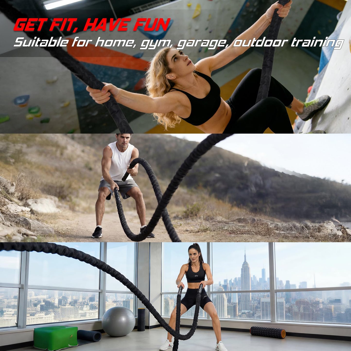 Battle Rope for Home Gym Workout - Extra Thick 2 Inch 30ft Heavy Weighted Training Exercise Ropes Fitness Equipment with Sleeve and Anchor Strap Kit for Crossfit Outdoor Working Out