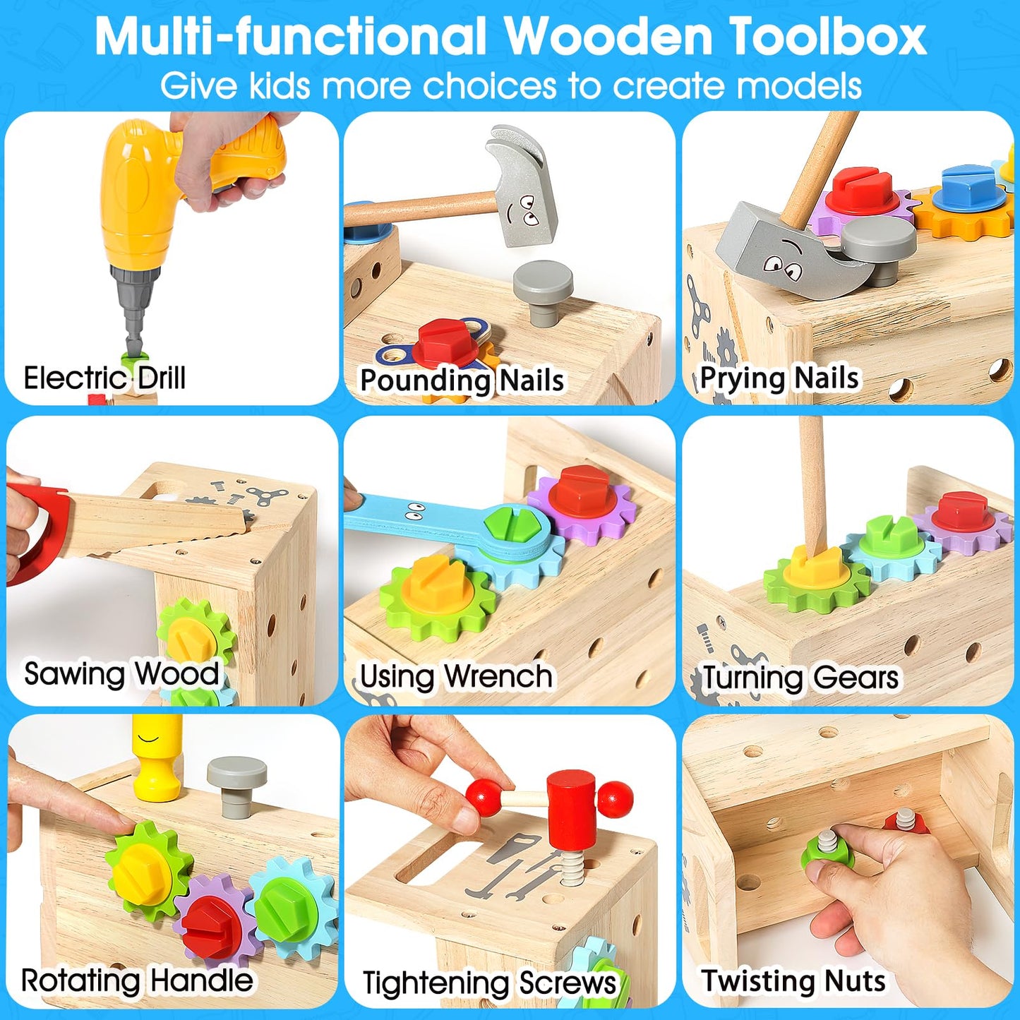 Kids Tool Set Toy with Drill, Wooden Toy for 2 3 4 5 Years Old Boy Girl, 37 Pcs Stem Montessori Toy for Learning Educational Construction Toy, Birthday Gift for Kids