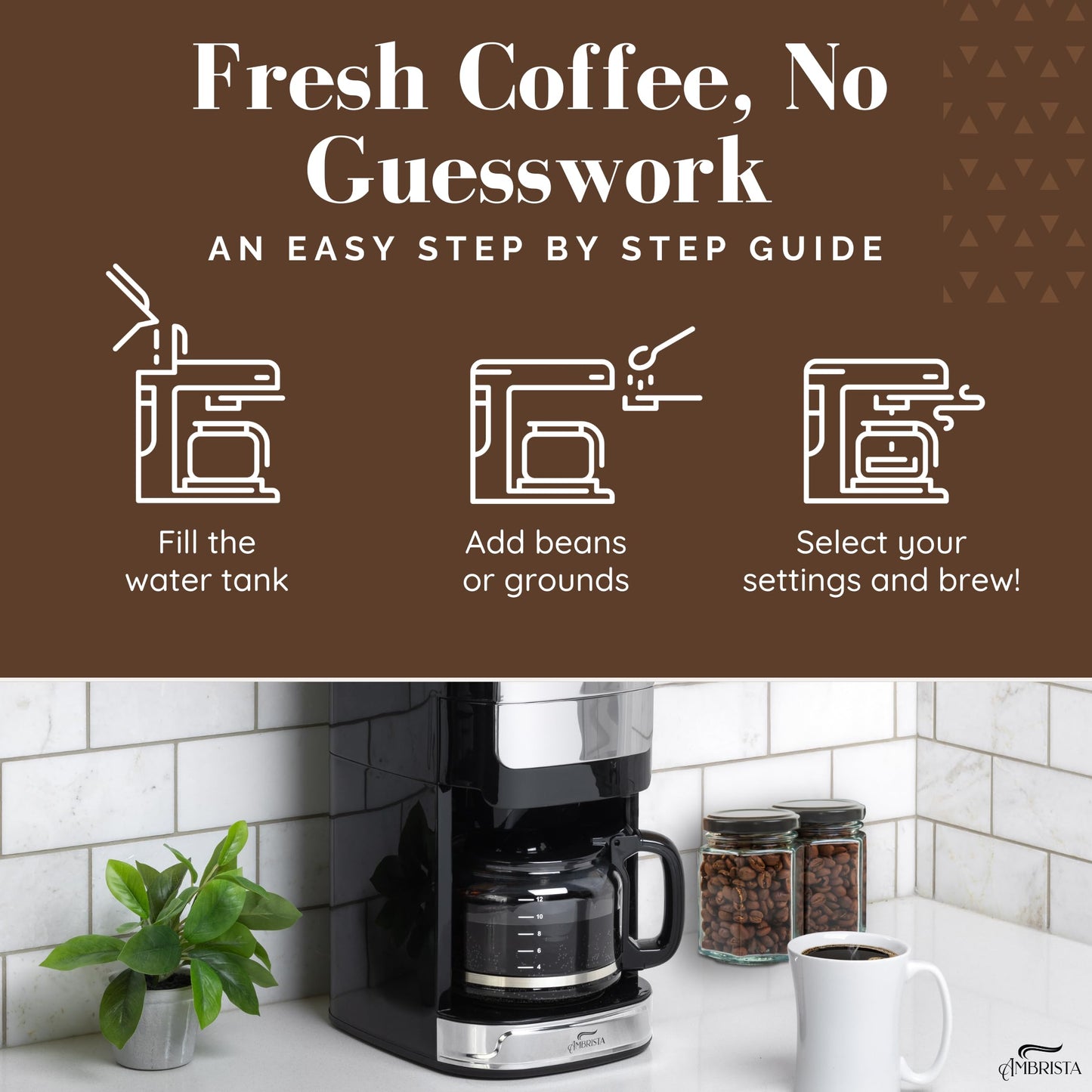 AMBRISTA 12-Cup Digital Drip Coffee Maker with Built-In Burr Grinder | Programmable Coffee Machine | Reusable Filter and Refillable Water Tank | Warming Plate with Glass Coffee Pot