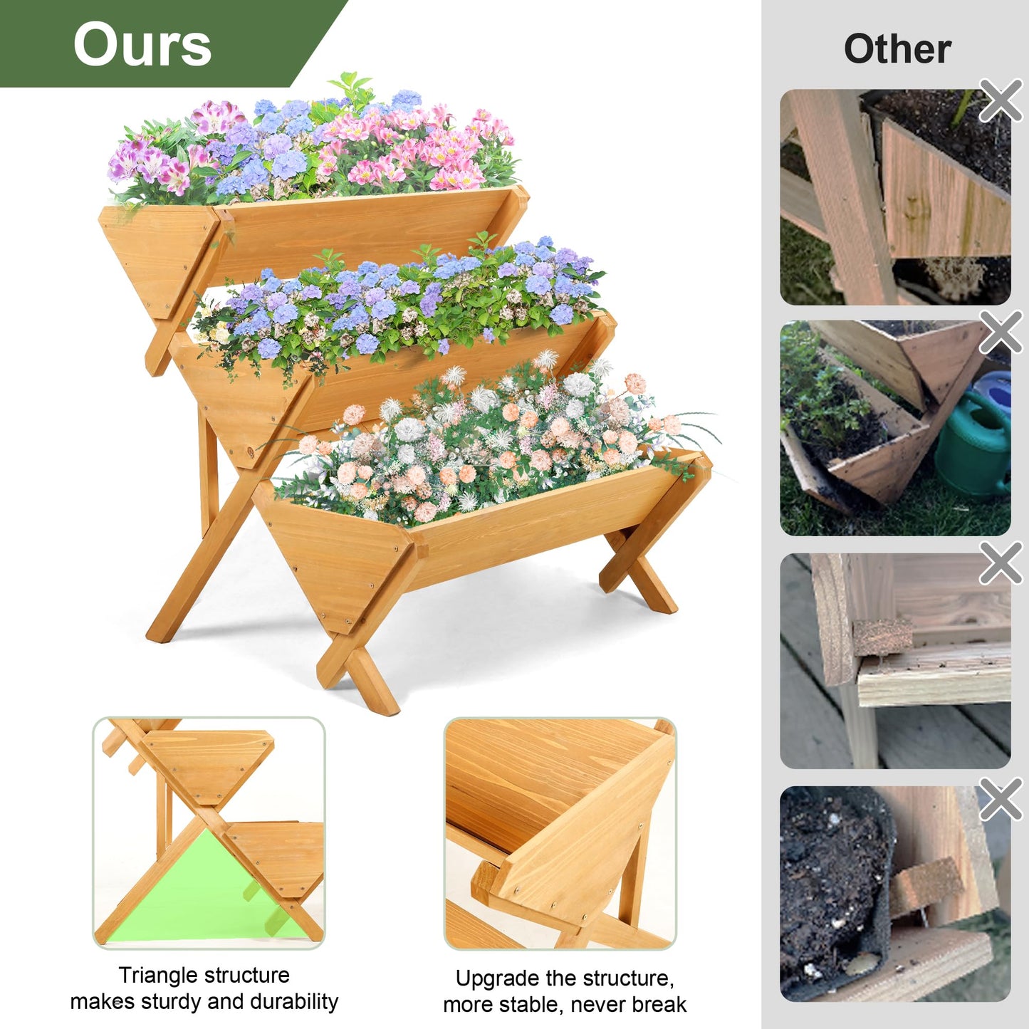 OIPRTGFJ 3 Tiers Wooden Vertical Raised Garden Bed with Legs,Brown Planter Raised Beds Kit for Flowers Herbs Vegetables, Natural… (Medium)