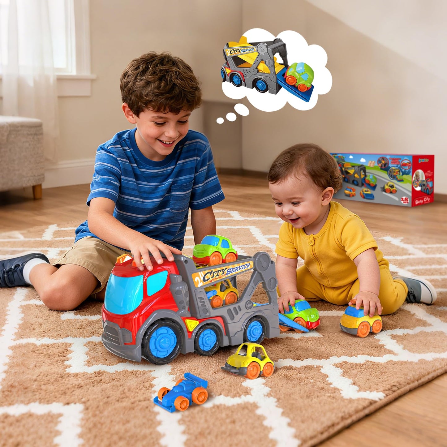 P&C 12.2" Toddler Car Transport Truck Toys for Ages 2-4, Car Carrier Transporter Double-Deck Hauler Truck‌ Toy Set with Sounds Lights for Kids 18M+ 2 3 4 5, Birthday Christmas Gifts for Boys Girls