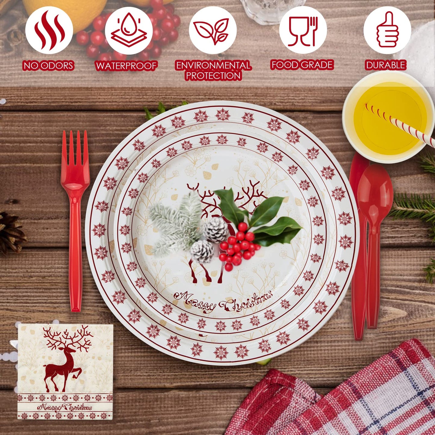215 Pcs Christmas Plates and Napkins Set Serve 25, Christmas Elk Disposable Tableware Set, Christmas Decorations Includes Plates, Cups, Napkins, Christmas Tableware