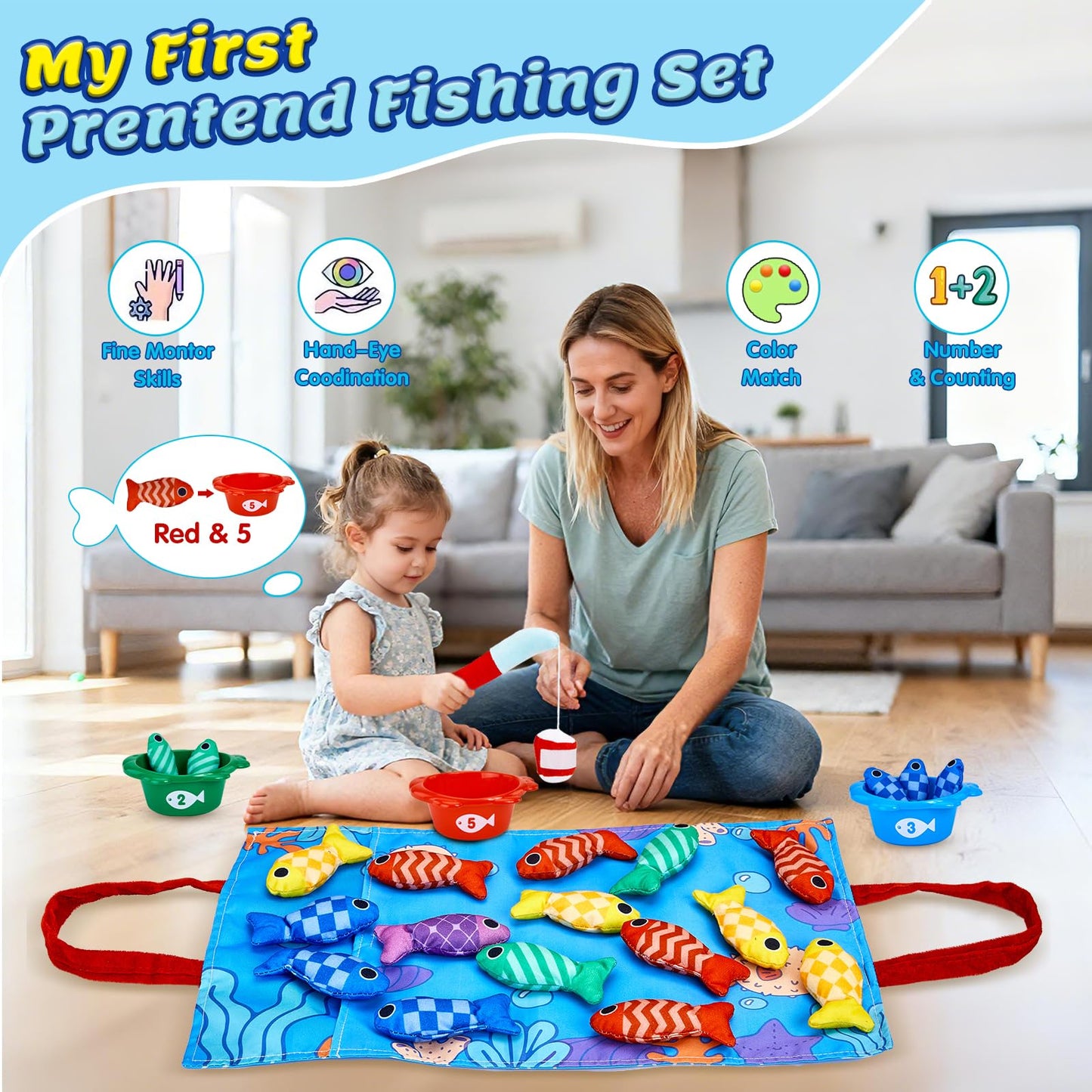 Gacoman Montessori Toys for 1 Year Old Boy Girl Birthday Gift- Cloth Fishing Game for Toddler1-3 with Stacking Cups Number Color Counting, Learning Educational Toys Baby Toys 12-18 Months