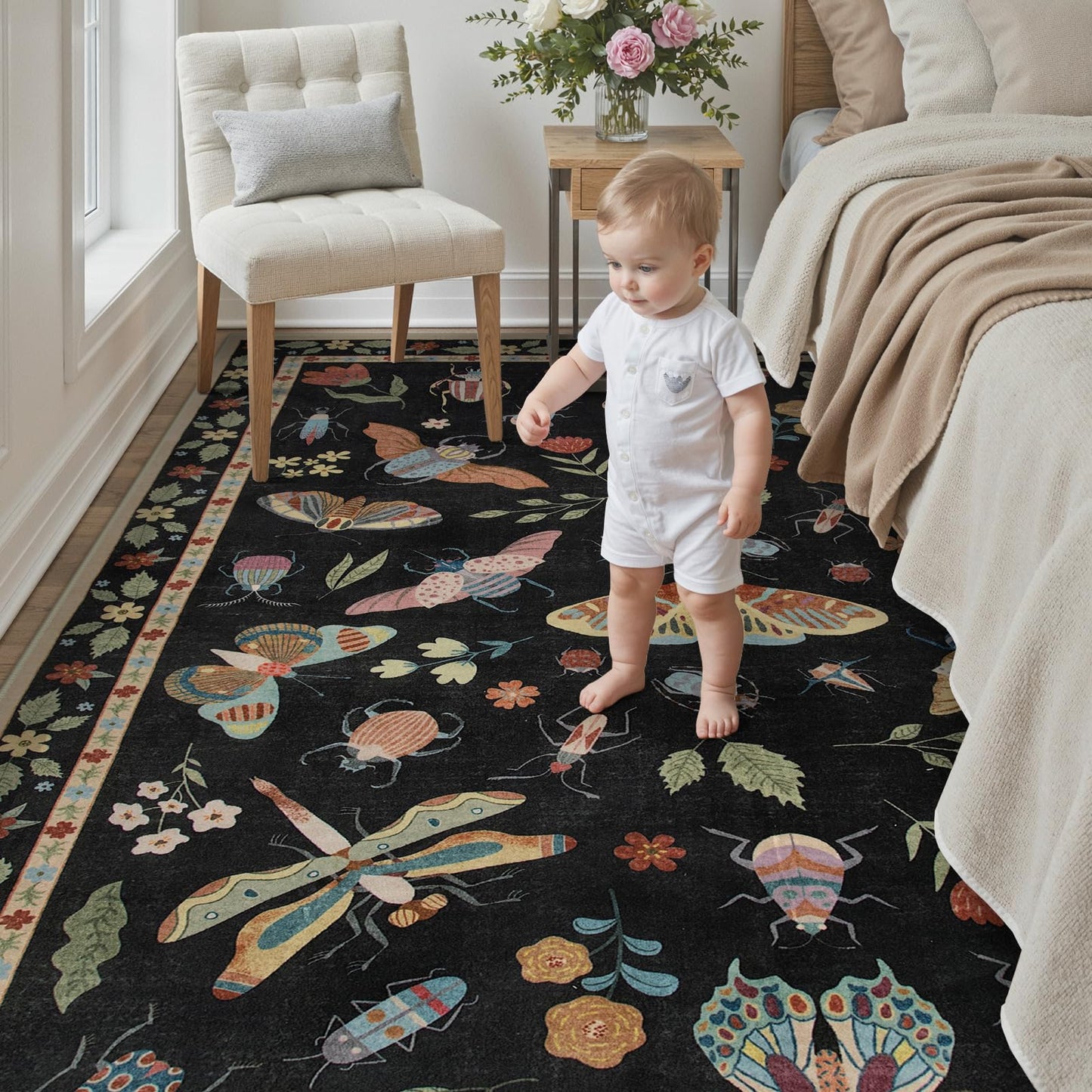 Beeiva Insect Print Rug 8x10, Washable Throw Rugs for Bedroom Under Bed, Boho Non Slip Low Pile Ultra Thin Foldable Large Carpet for Kids Room Playroom Living Room Decor(Black,8x10ft)