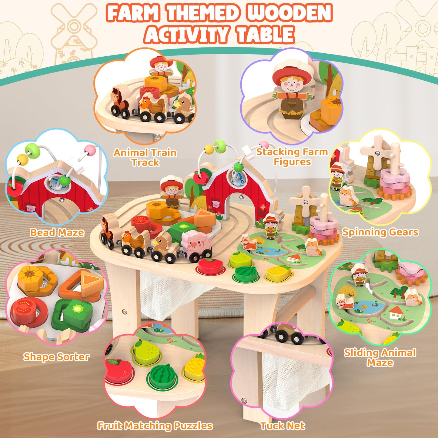 Weilim Montessori Activity Table for 1 Year Old — Wooden Sensory Table Baby Activity Center with Bead Maze, Shape Sorter, Train Track, Farm Toddler Toy, Educational Standing Play Toys, Kids 12+ Months
