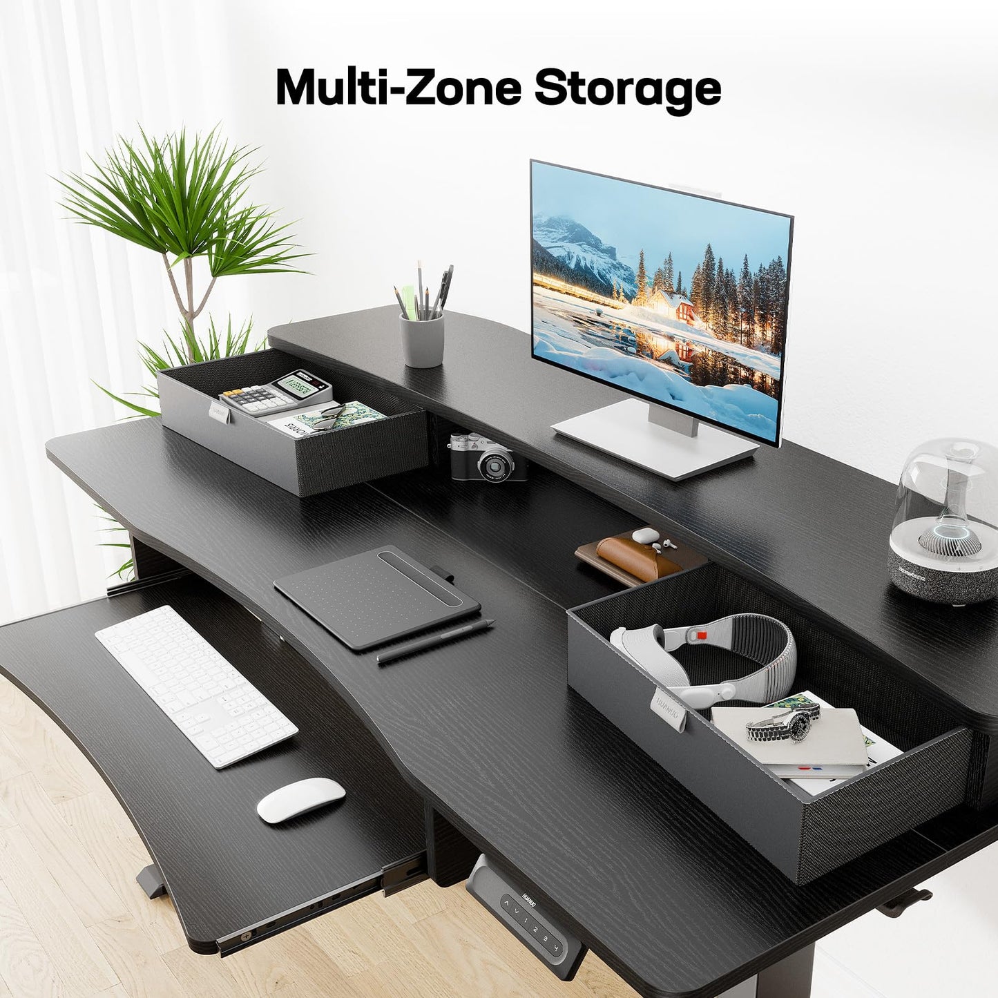 HUANUO 48" x 26" Electric Standing Desk with 2 Drawers & 26.7" Large Keyboard Tray, C-Clamp Mount Compatible, Adjustable Computer Desk for Home Office, Stand Up Desk with 4 Height Presets, Black