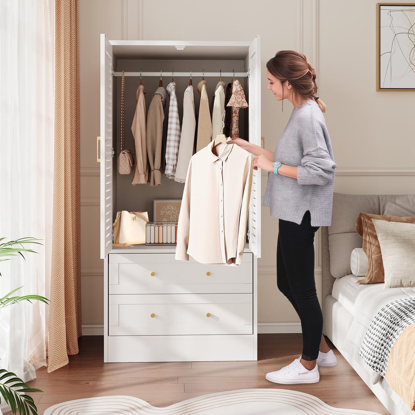 65" Louvered Armoire Wardrobe Closet, Wood Clothing Storage Cabinets with 2 Doors and 2 Drawers, Wooden Wardrobe Closet with Hanging Rod for Bedroom, Cloak Room, Laundry Room, Entrance Hall, White