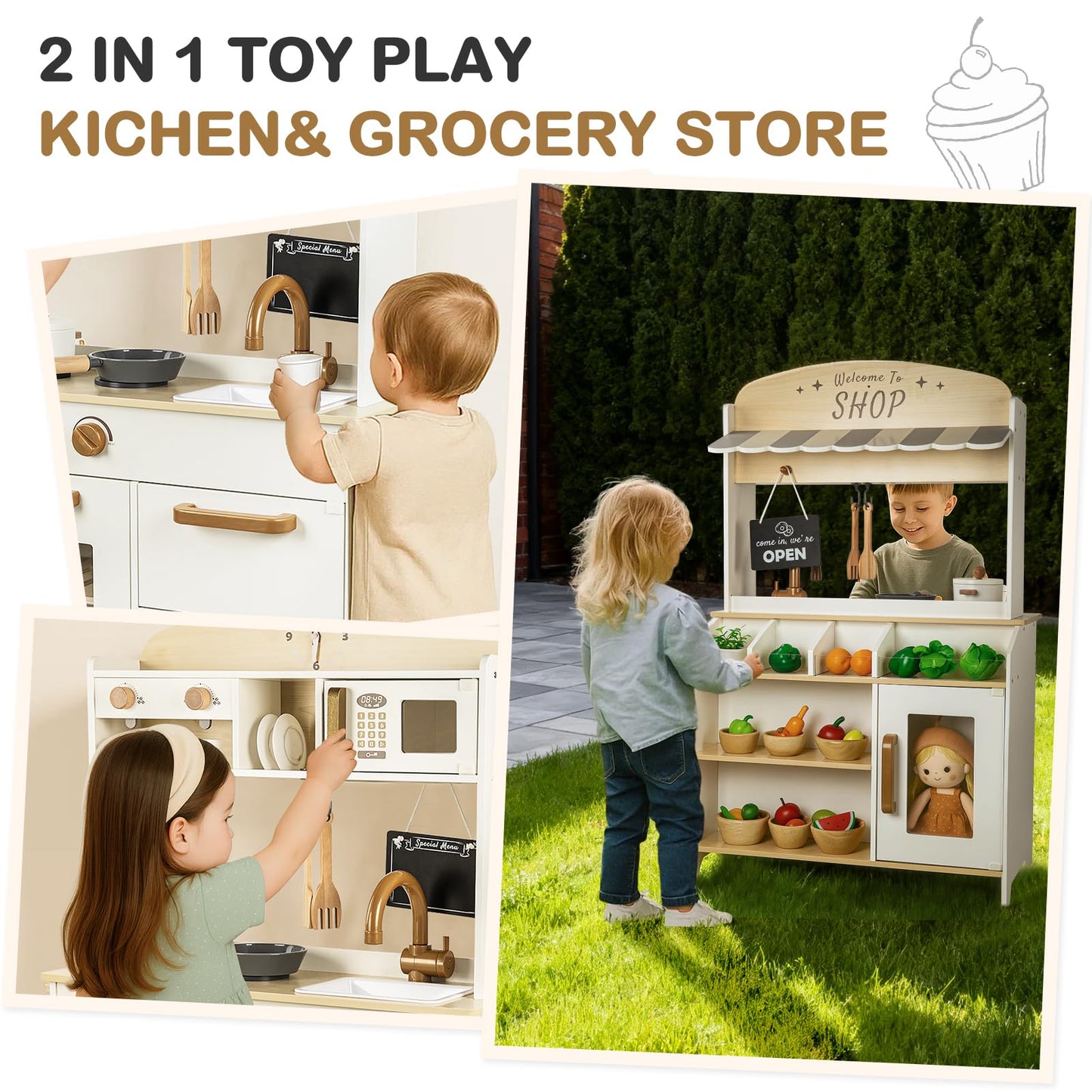 DREAM BUILDING Dual-Sided Play Kitchen for Kids Toddlers, 2-in-1 Grocery Store&Wooden Toy Kitchen Set with Coffee Machine,Pretend Kitchen Play Set with Microwave, Oven, Gift for Boys Girls