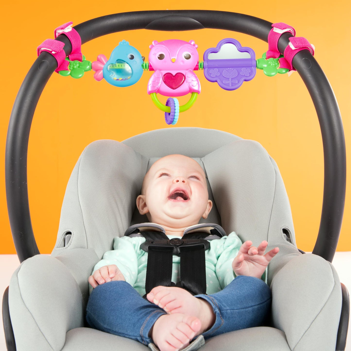 Bright Starts Busy Birdies Carrier Toy Bar Musical Take-Along Toy with Lights, Ages Newborn +, Pink