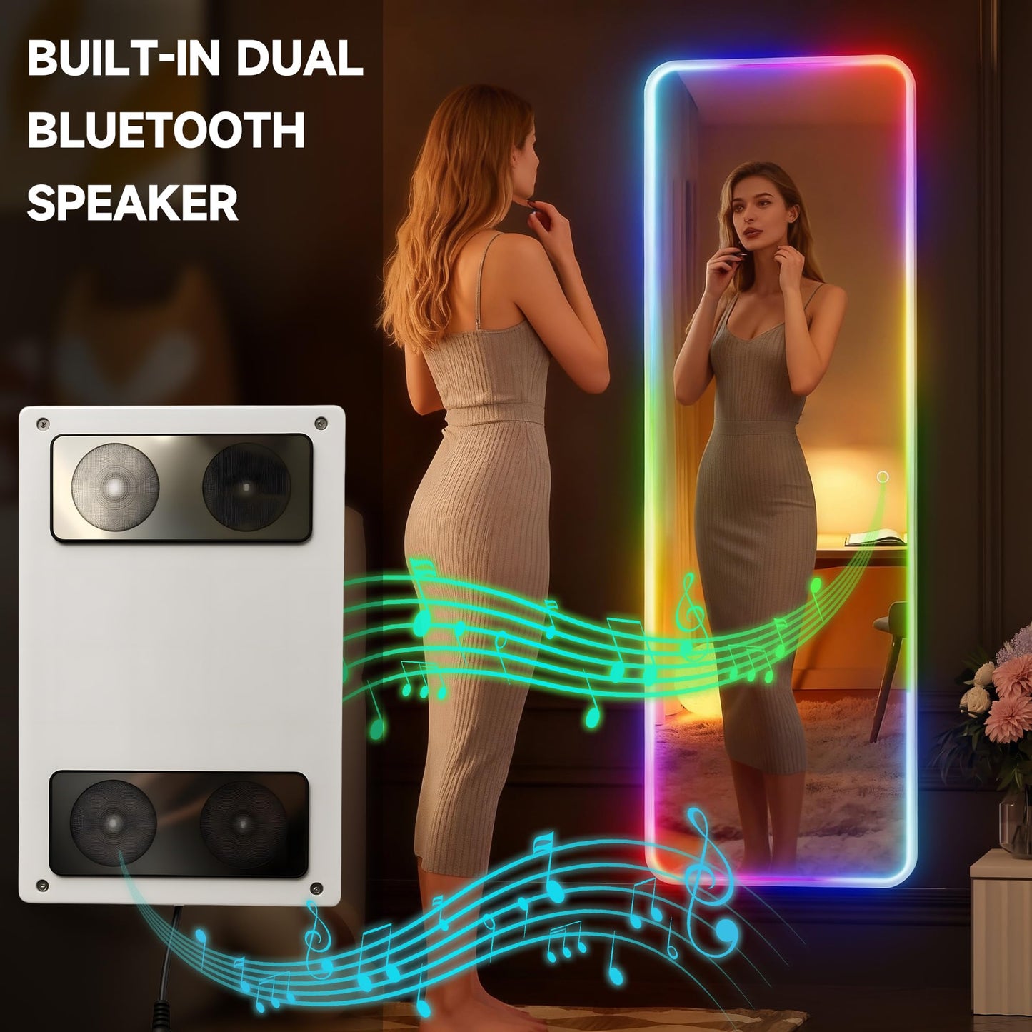 Hasipu 55"x16"LED RGB Door Mirror Full Length with Bluetooth Speaker, Full Body Full Length Over The Door Mirror with Lights, Door Hanging & Wall Mounted Mirror for Bedroom, Living Room, Cloakroom