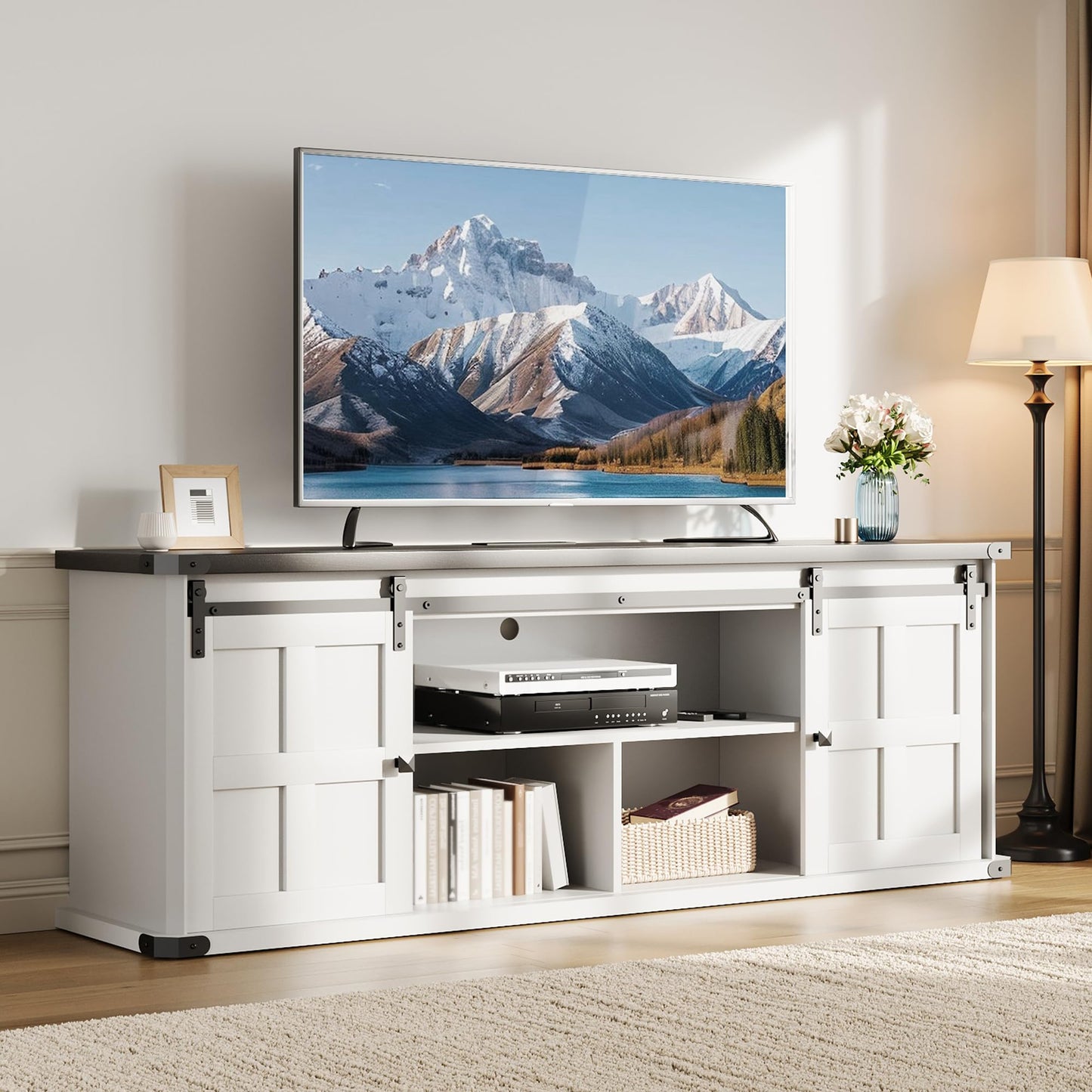 GAOMON 70" Farmhouse TV Stand for 80/75/70 Inch TVs,Entertainment Center Storage Cabinets w/Power Outlets and Sliding Barn Door,Rustic TV Stands for Living Room,Media Console Cabinet (Black/White)