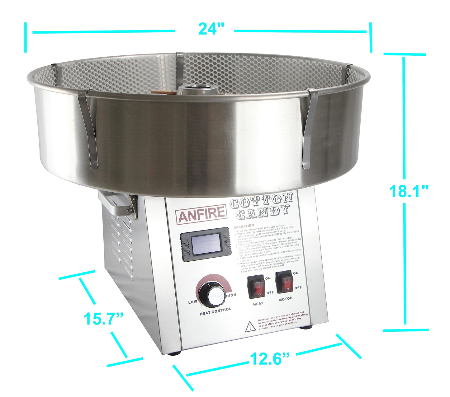 ANFIRE Commercial Professional Cotton Candy Machine 5" Spinner Head with 24" Metal Bowl and Floss Stabilizer Net