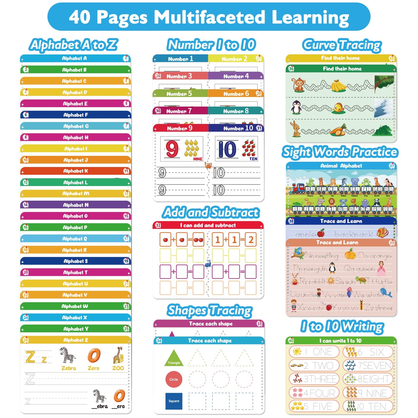 Handwriting Practice - Tracing Books for Kids Ages 3-5, Montessori Preschool Learning Activity, Autism Educational Learn Number Letters Shapes Animal & Sight Words Workbook with 8 Dry Erase Markers