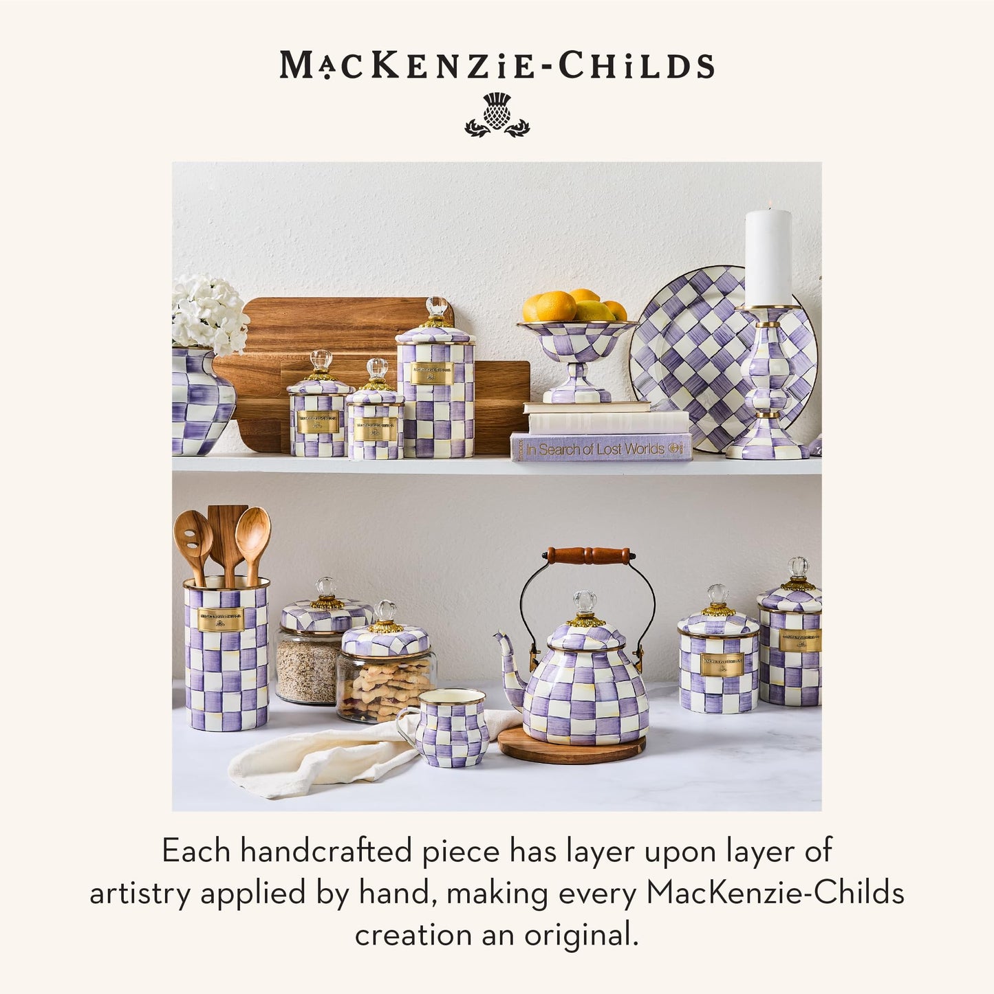 MACKENZIE-CHILDS Enamel Everything Bowl, Serving Bowl for Entertaining, 26-Cup Capacity, Purple-and-White Violet Check