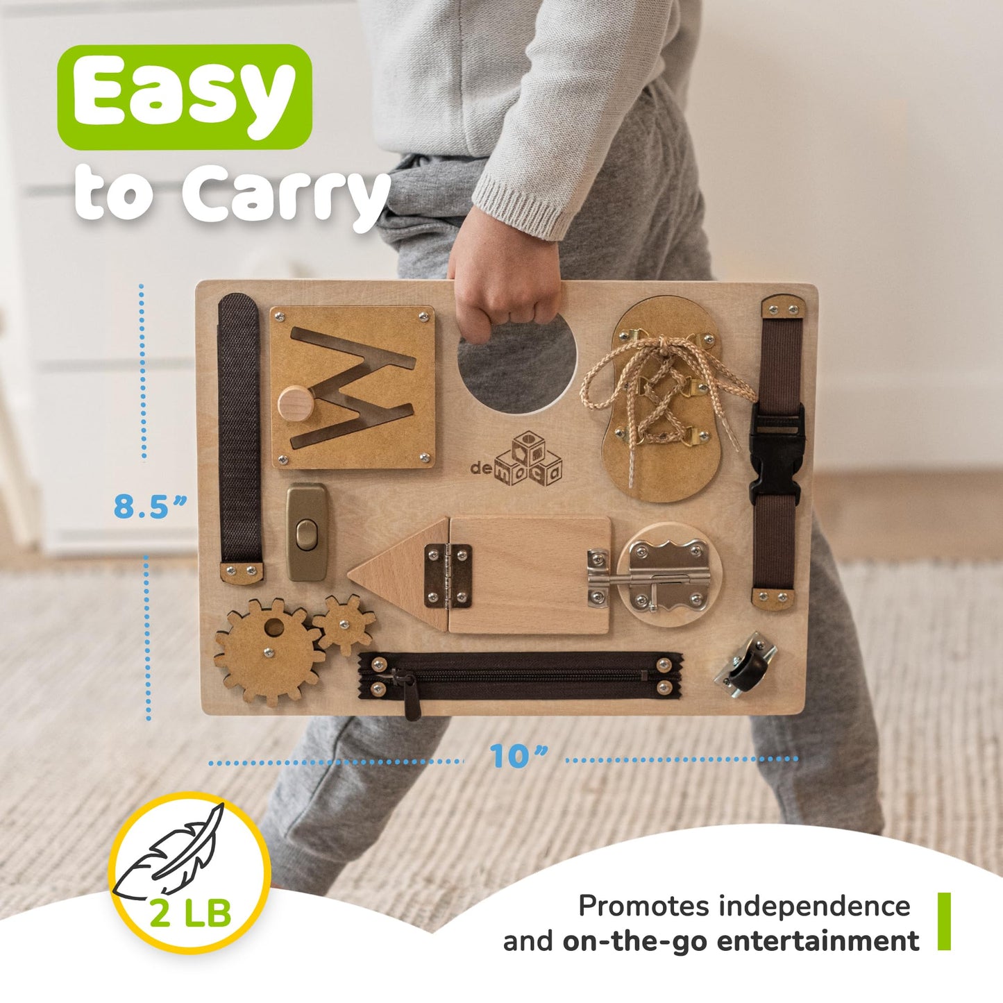 deMoca Sensory Busy Board for Toddlers, Premium Wooden Toddler Busy Board for 1 2 3 Year Old with 10 Educational Activities for Fine Motor Skills, Fidget Activity Toy for Travel
