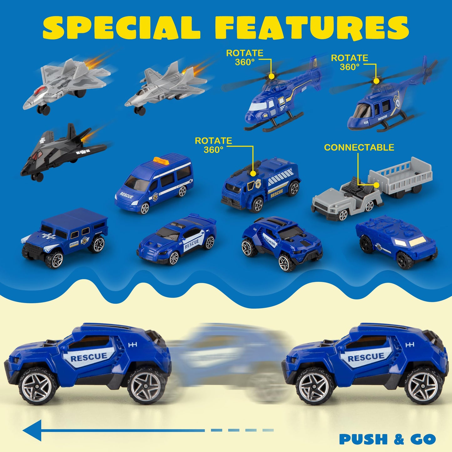 XDUOYJOY Police Helicopter Toy Playset with Vehicles, Fighter Jets, Airplane, SWAT Truck and Roadblocks, Police Rescue Patrol Car Toy for Kids Imaginative Pretend Play