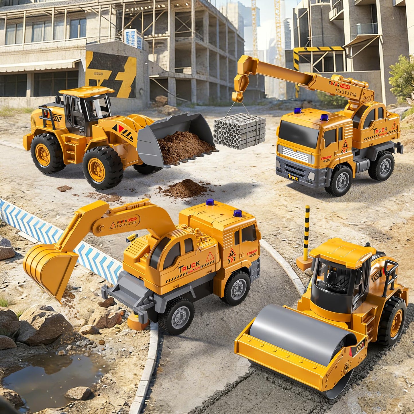 KukuFun 4-Pack Truck Toys for Boys 3-5 Year Old，Construction Sandbox Toy Set with Excavator，Indoor/Outdoor Sand Toys for Kids Toddlers Girls Age 3-8，Birthday Gifts