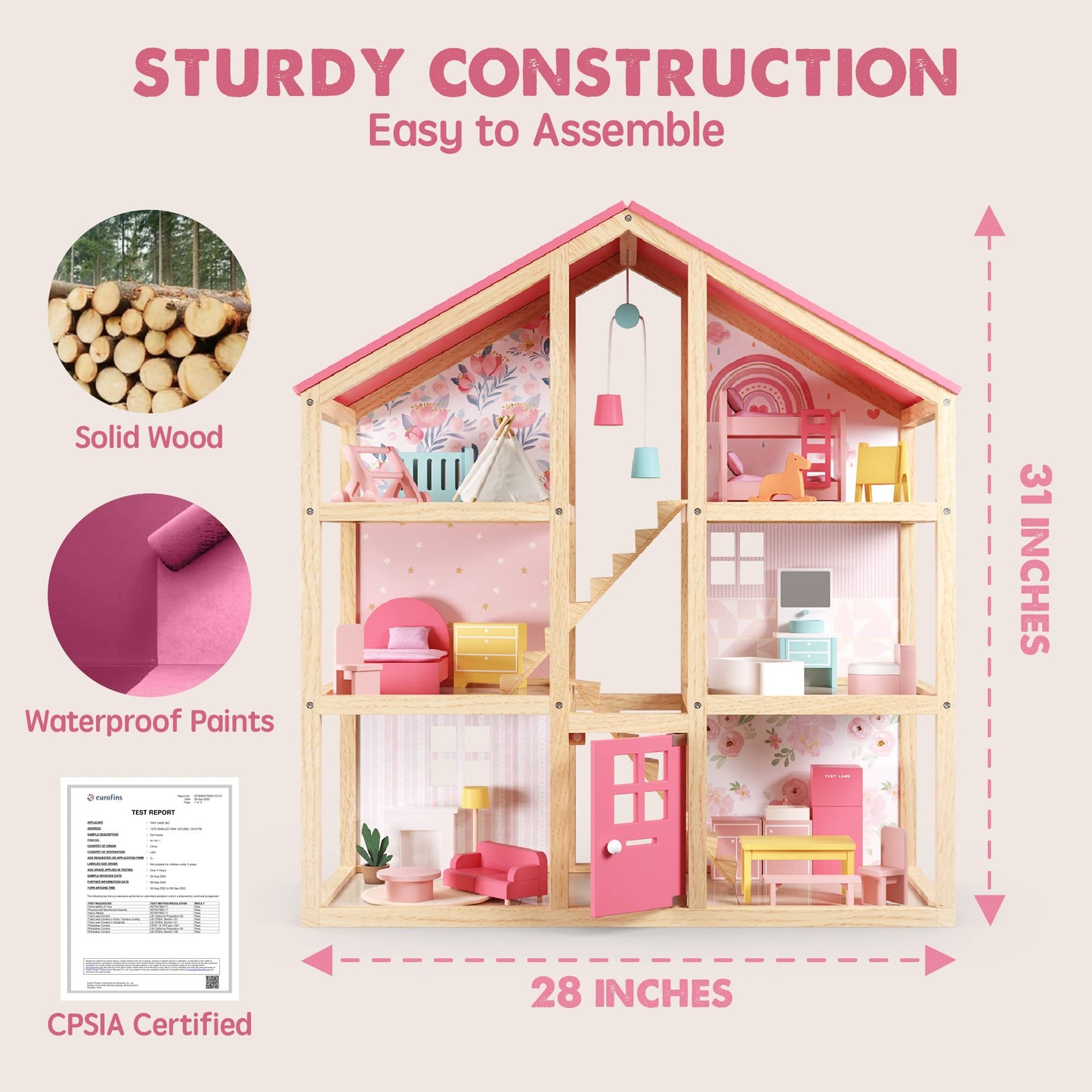 Tiny Land Wooden Dollhouse for Girls & Dollhouse Garage Toy Set
