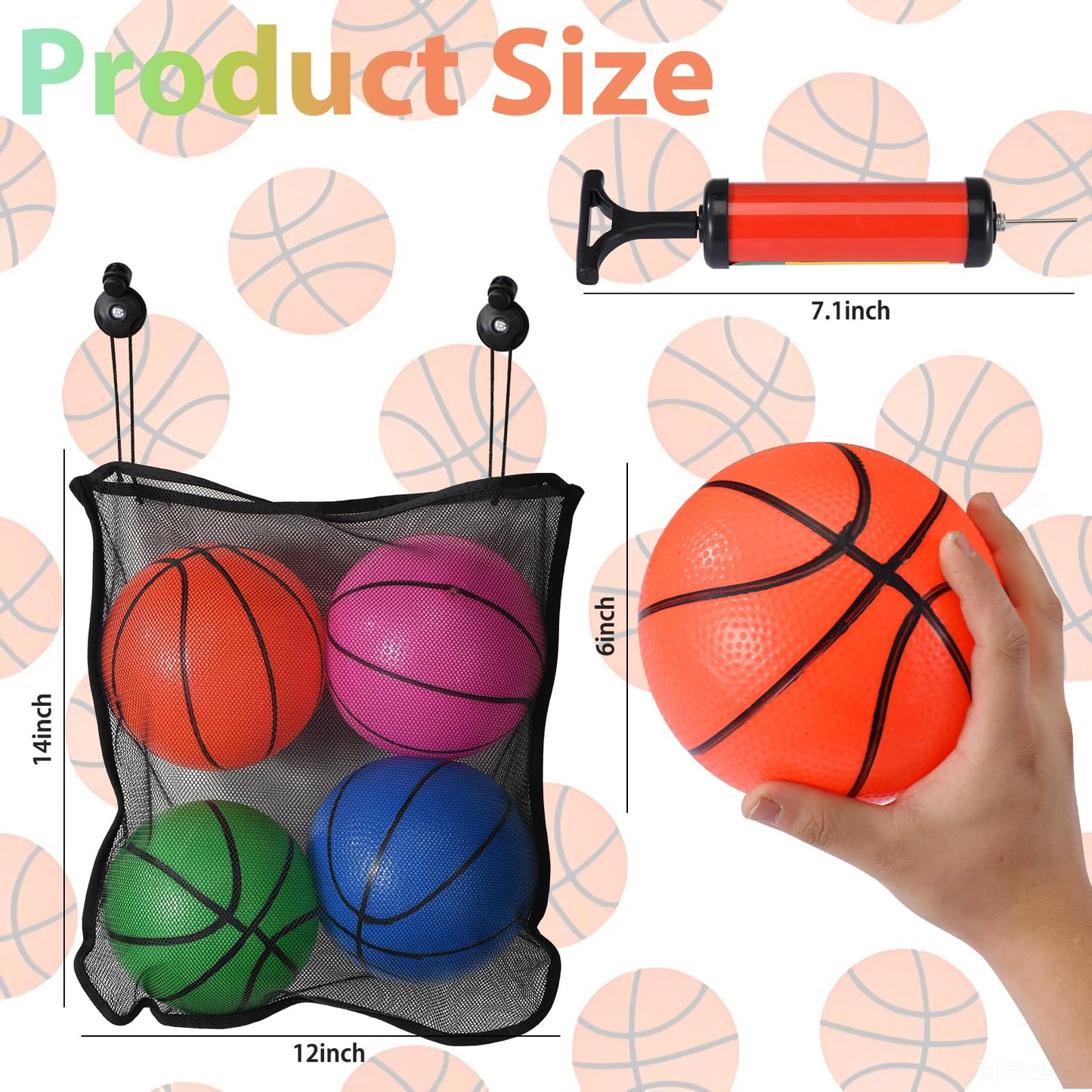 DAOLONG 4 Pcs Replacement Balls for L-ittle Tikes Basketball Hoop Set with Mesh Storage Bag, Lightweight Soft Small Basketball，6 Inches Colorful Small Balls, Includes Air Pump