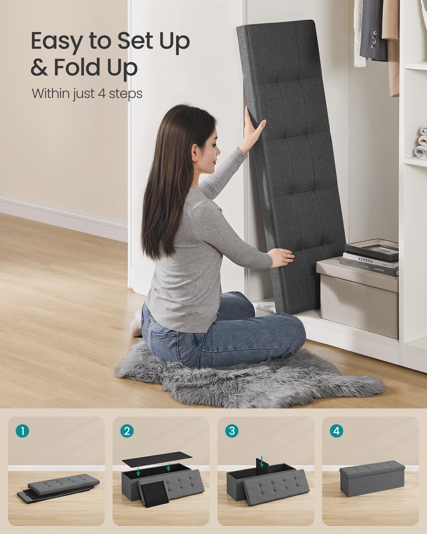 SONGMICS MAZIE Collection - 43 Inches Folding Storage Ottoman Bench, Ottoman Foot Rest, End of Bed Bench, Storage Chest, Load 660 lb, for Living Room, Bedroom, Entryway, Dark Gray ULSF77K