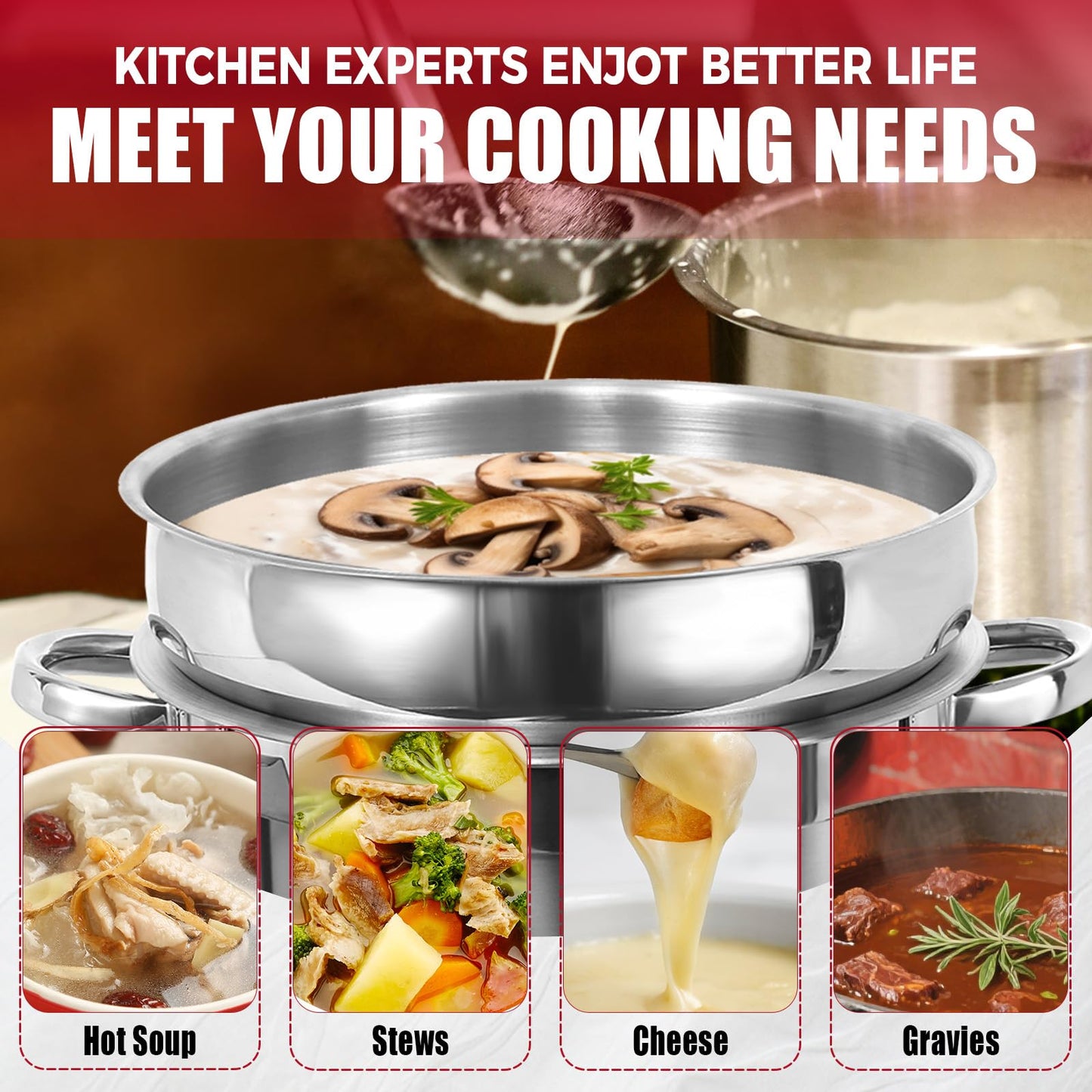 IMACONE Soup Chafer 11QT Large Capacity Soup Chafer Sets of 2, Stainless Steel Round Soup Warmer w/Pot, Notched Lid & Fuel Holder, Catering Marmite for Party, Buffet, Event & Commercial Food Service