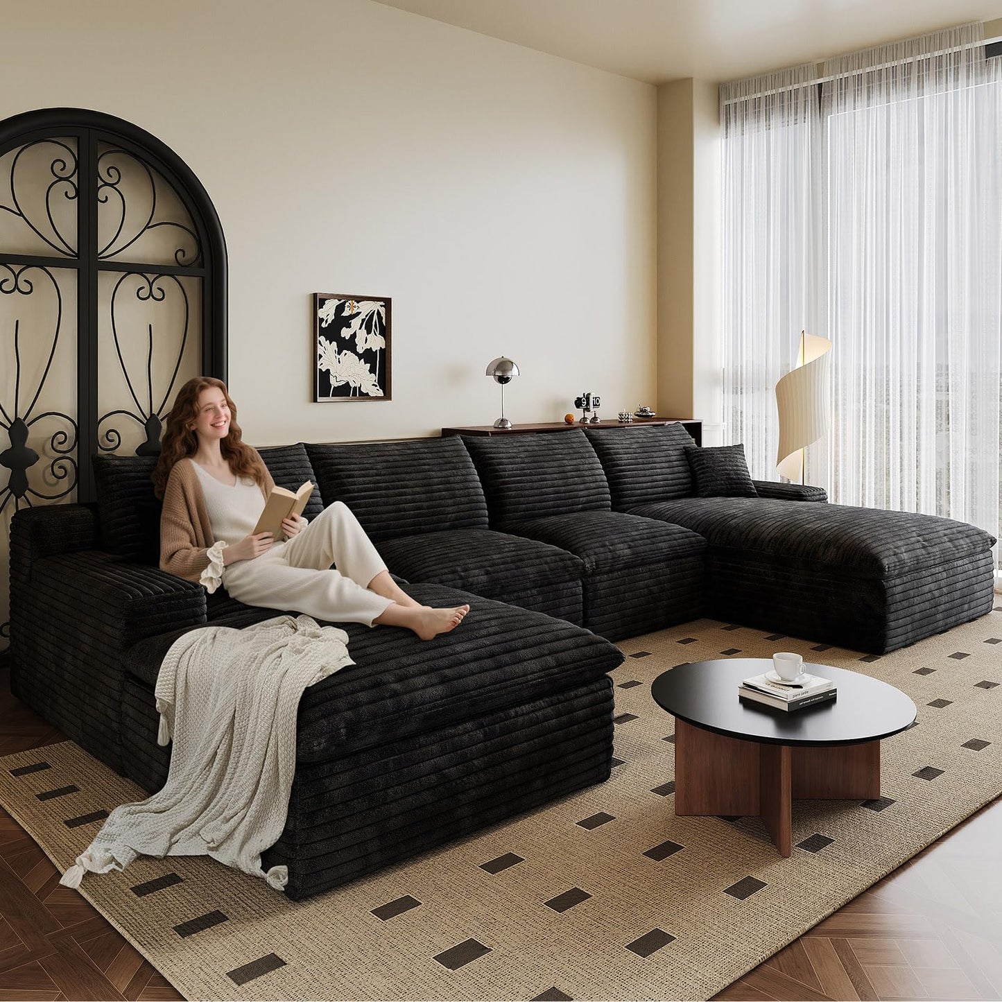 136" Cloud Sectional Couch U-Shaped Chaise with Ottoman, Corduroy Boneless Couch for Living Room Bedroom, Deep-Seat Upholstered Modular Cloud Sofa, No Assembly Required (Black, Right Facing Chaise)
