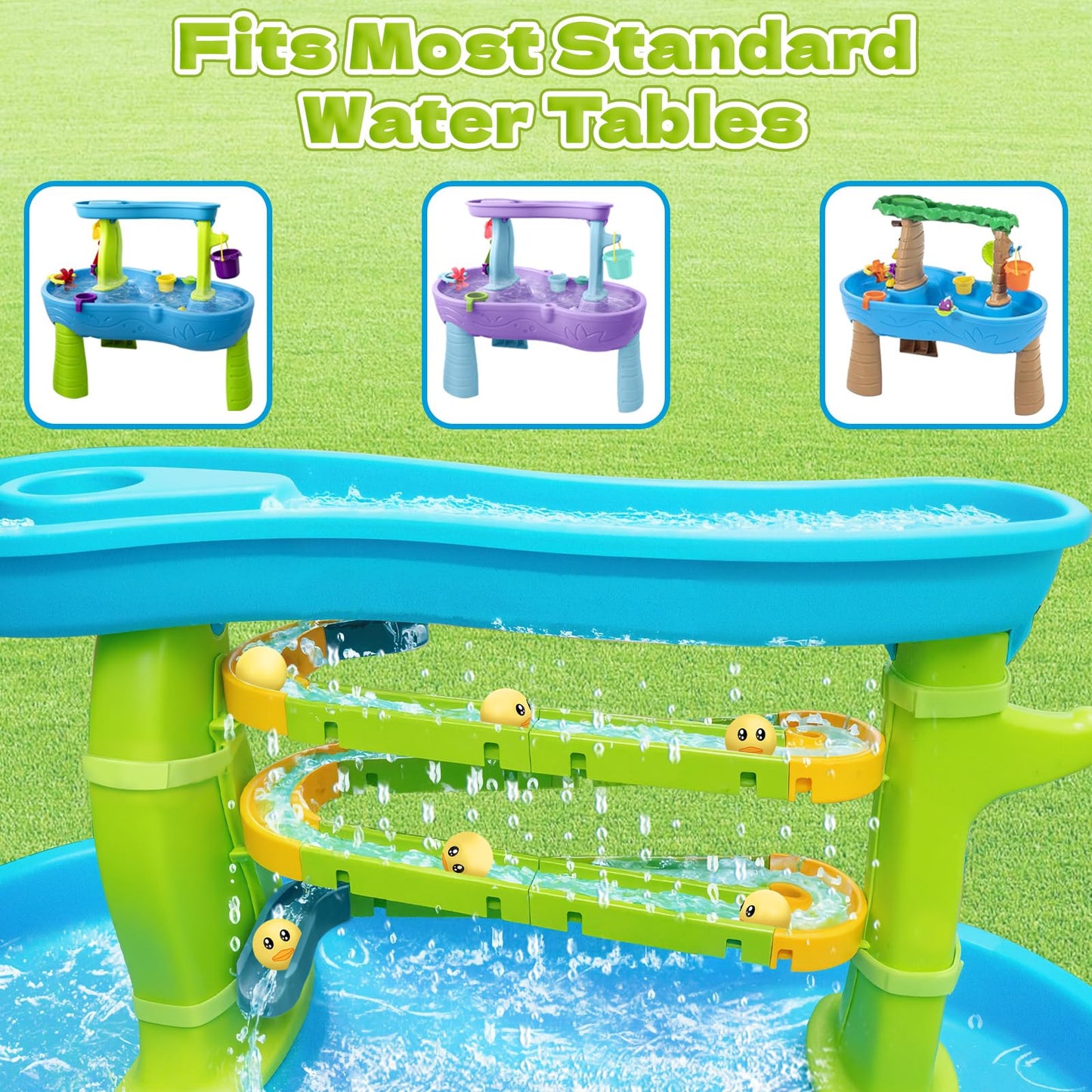 Water Slide Toys for Step2 Rain Showers Water Table Accessories, Quick-Install Summer Outdoor Water Play Table Toys Track Building Set with 6 Duck-Face Rolling Balls for Toddlers Kids Ages 3+