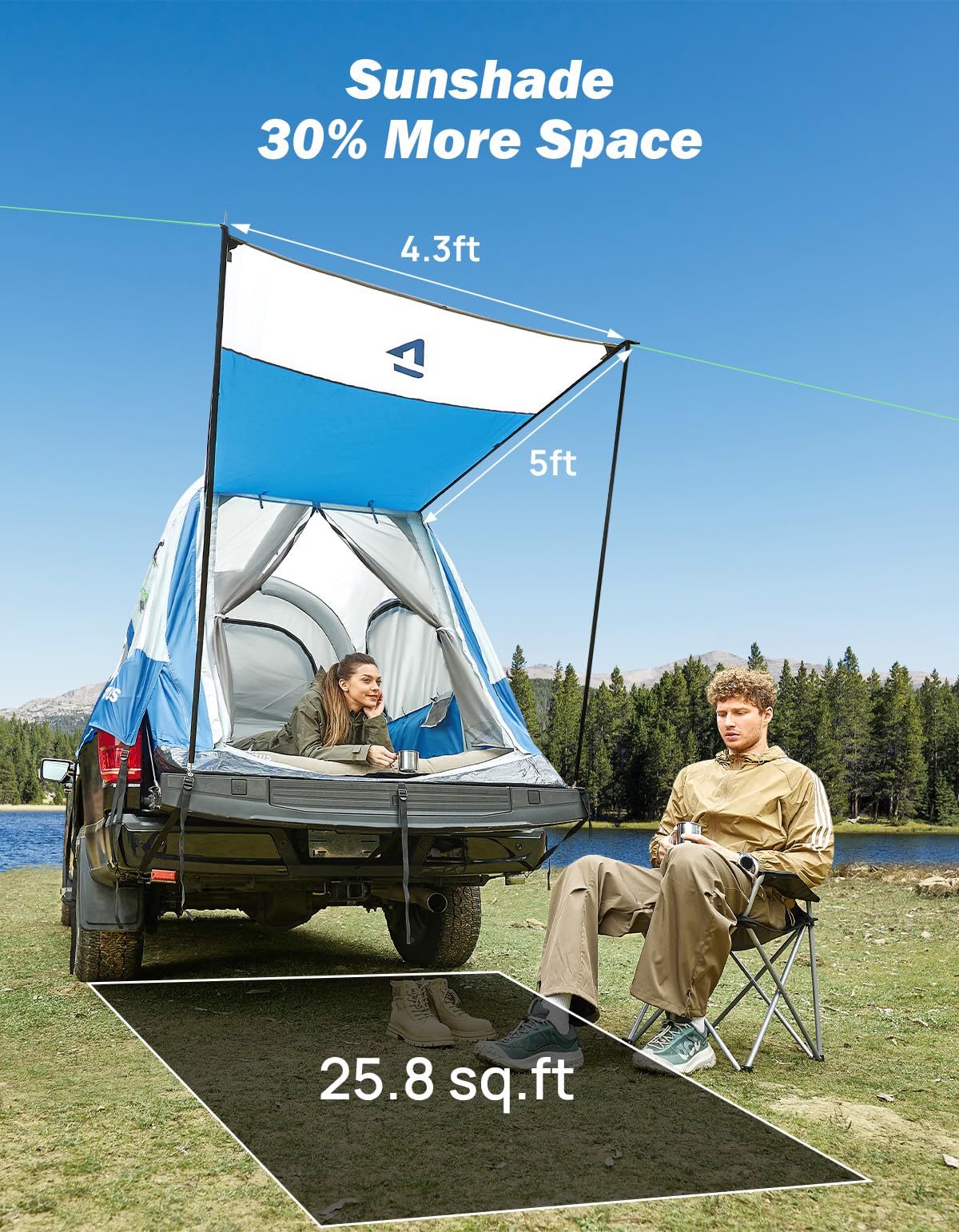 JOYTUTUS Inflatable Truck Bed Tent 5.5FT with Awning, Includes Air Pump for Quick 30 S Setup, Dual-use Pickup or Camping Tent for 2 Person, Waterproof Roof Shade and 3 Windows, Gray Blue