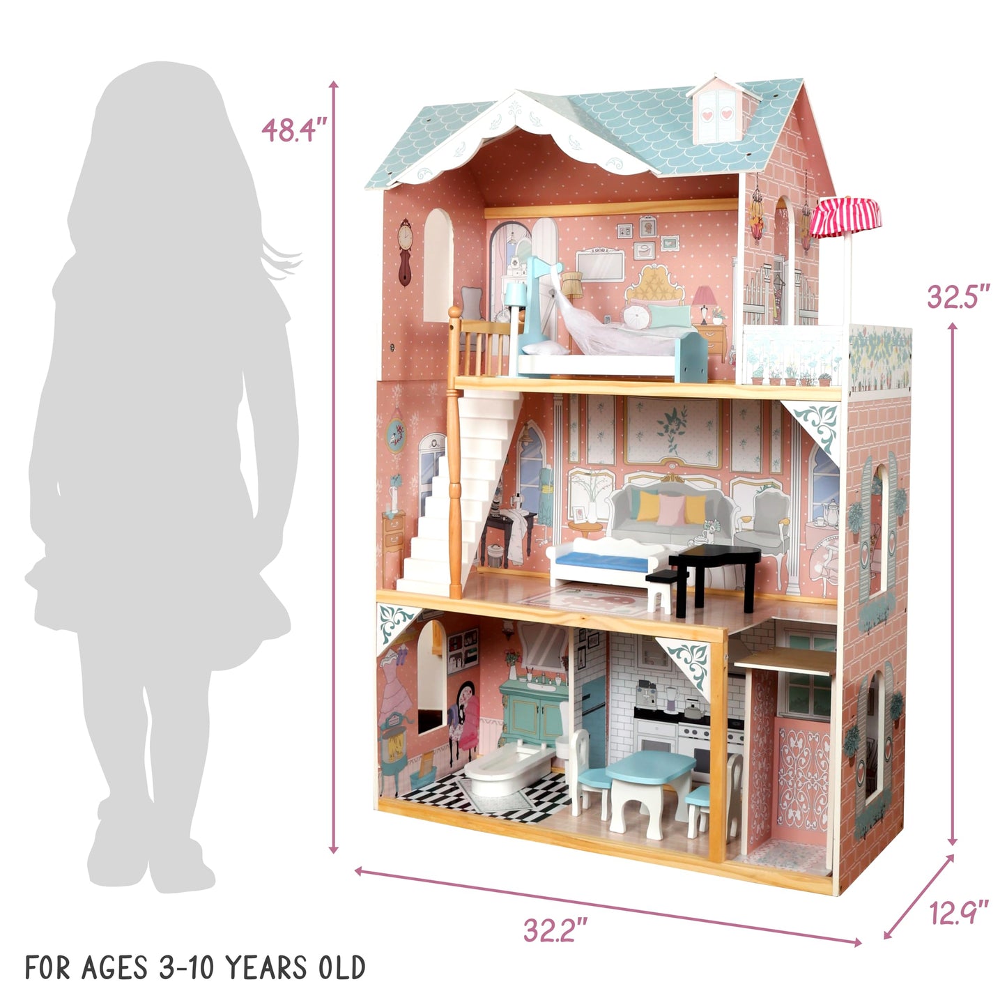 Lil' Jumbl Kids Wooden Dollhouse with Elevator, Balcony & Stairs, Accessories & Furniture Included, 3 Story Easy to Assemble Blue Dollhouse Toy - X-Large