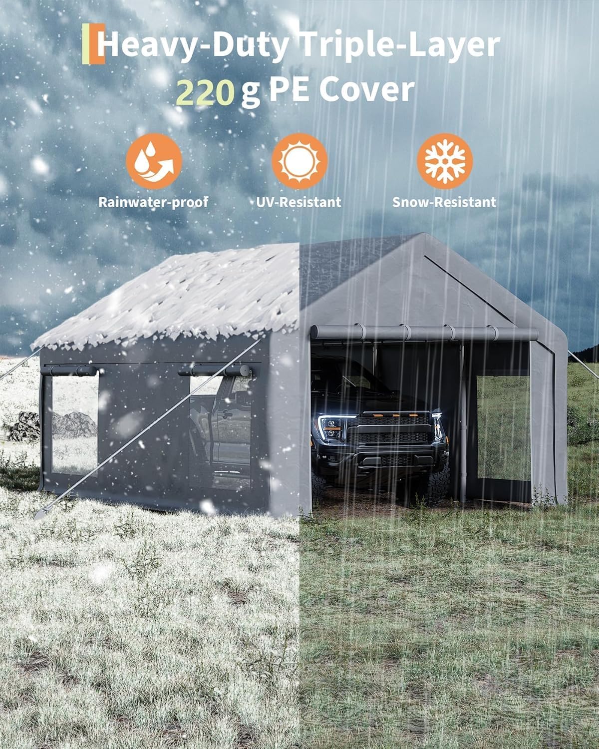 13 x 20FT Heavy Duty Carport with Roll-Up Windows, Portable Garage with Removable Sidewalls & Doors, Portable Car Tent Garage with Roll-Up Windows and All-Season Tarp, for Car, Truck,