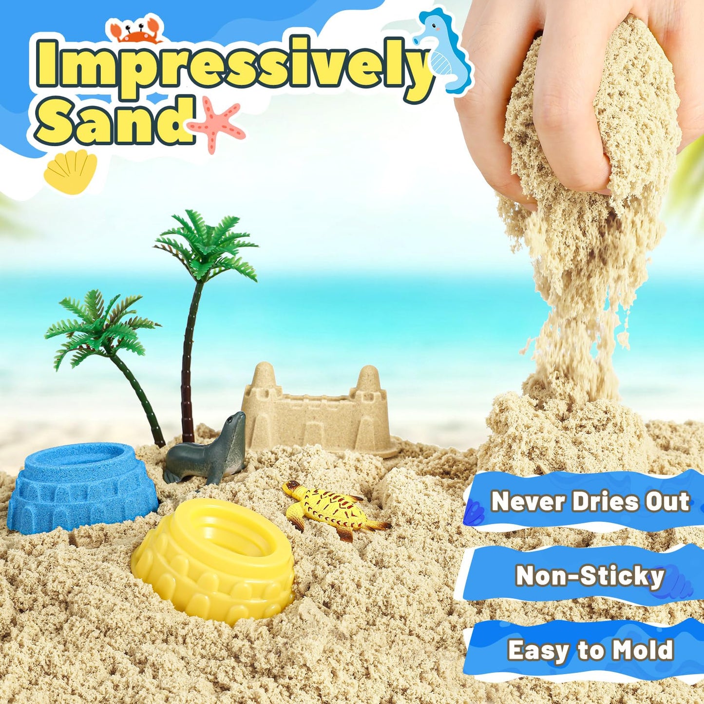 FRUSE Ocean Sensory Bin,Play Sand Art Kit with 2.2lbs Play Sand,12 Sea Animal Toys,Sand Molds,Role Play Beach Toy Sandbox Toys for Toddlers 3 4 5 6 7