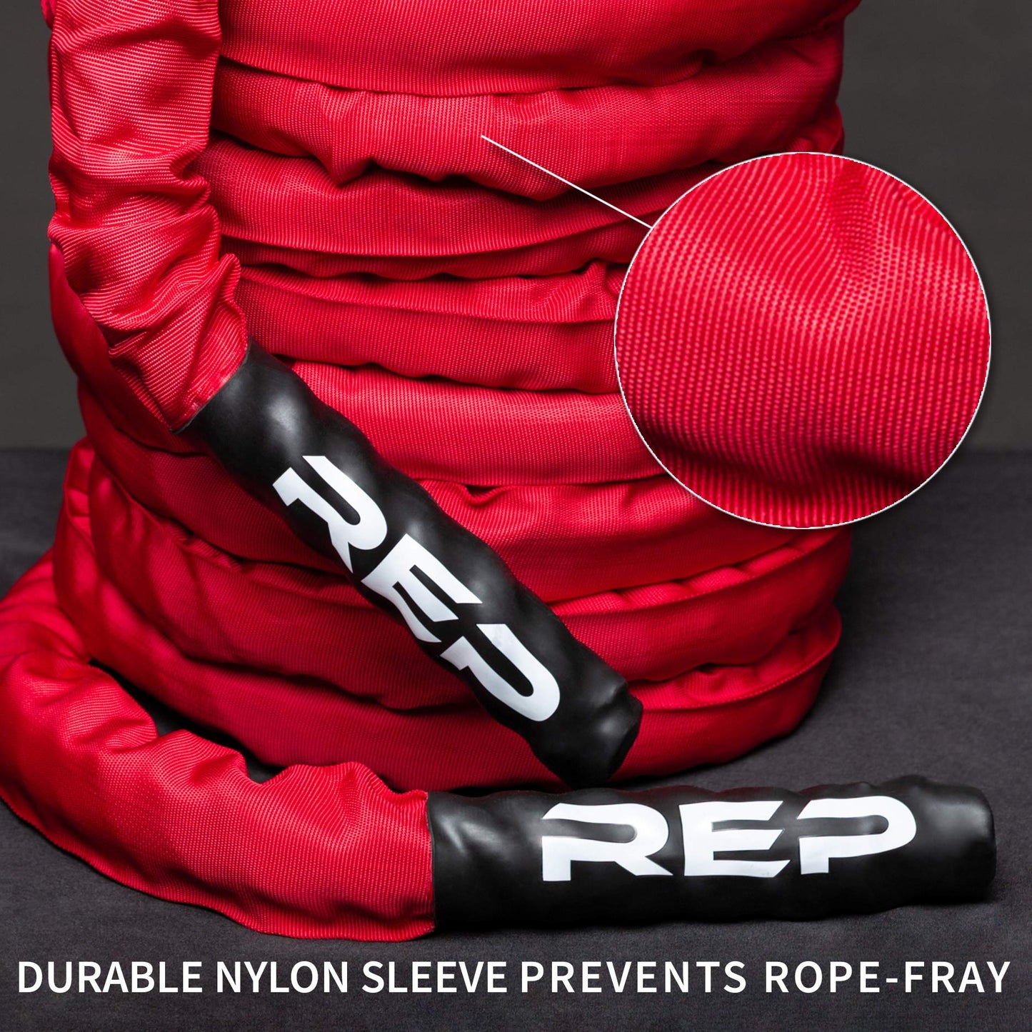REP Battle Ropes - PolyDacron Battle Rope for Strength and Conditioning Workouts – 1.5" and 2" Diameter, 30ft, 40ft, 50ft Lengths with Optional Cover Sleeve (Red with Sleeve, 2.0 x 30 ft)