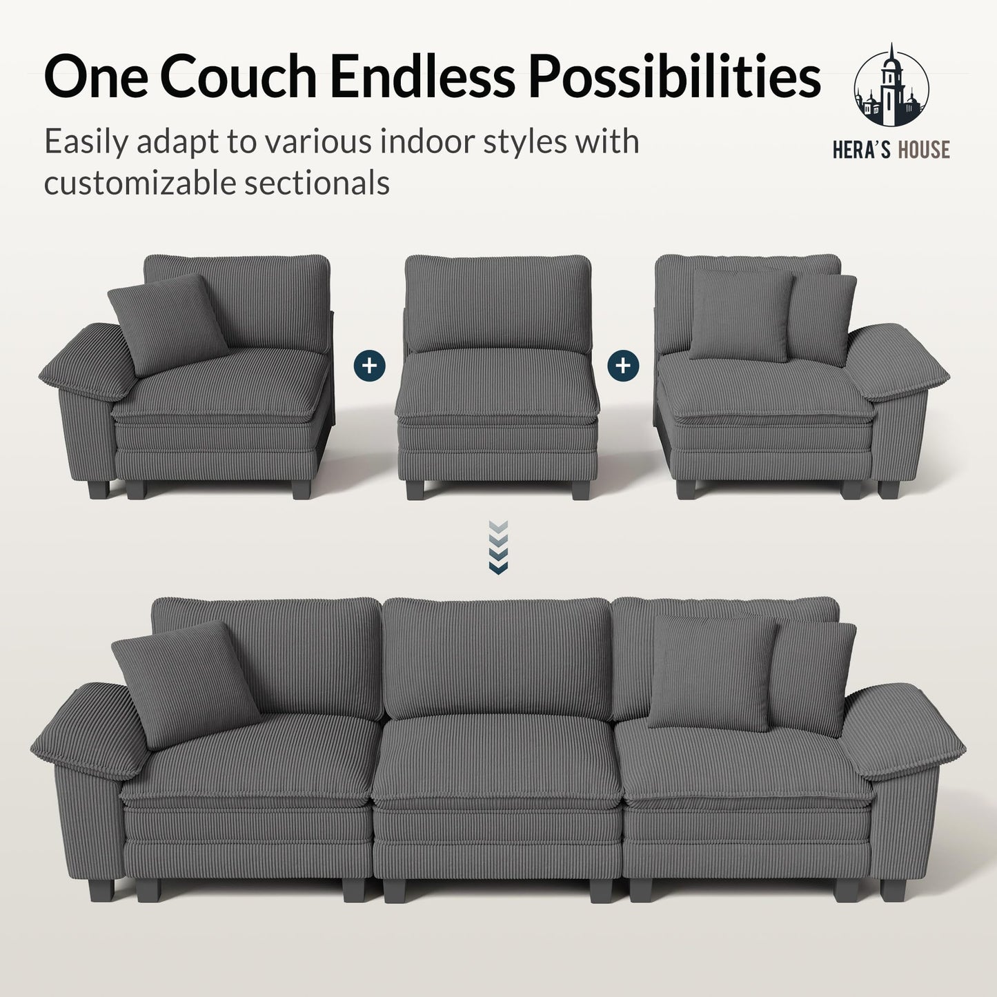 HERA'S HOUSE 124" Modular Sectional Sofa, Oversized L Shaped Couches for Living Room, Comfy Cloud Couch with Ottoman, 4-Seater Deep Seat Sofa with Throw Pillow, Corduroy Grey