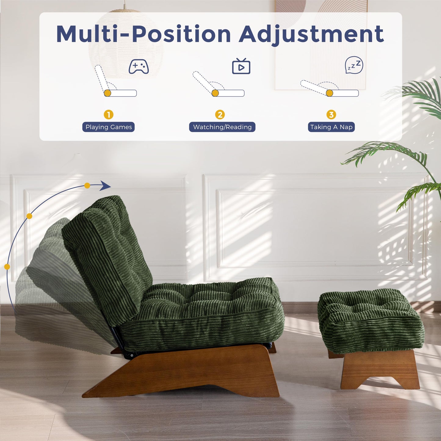 MAXYOYO Accent Chair with Ottoman Adjustable Backrest, Tufted Living Room Chair Upholstered Lounge Chair with Footrest Set, Modern Chair Cozy Reclining Chair for Reading Room, Green