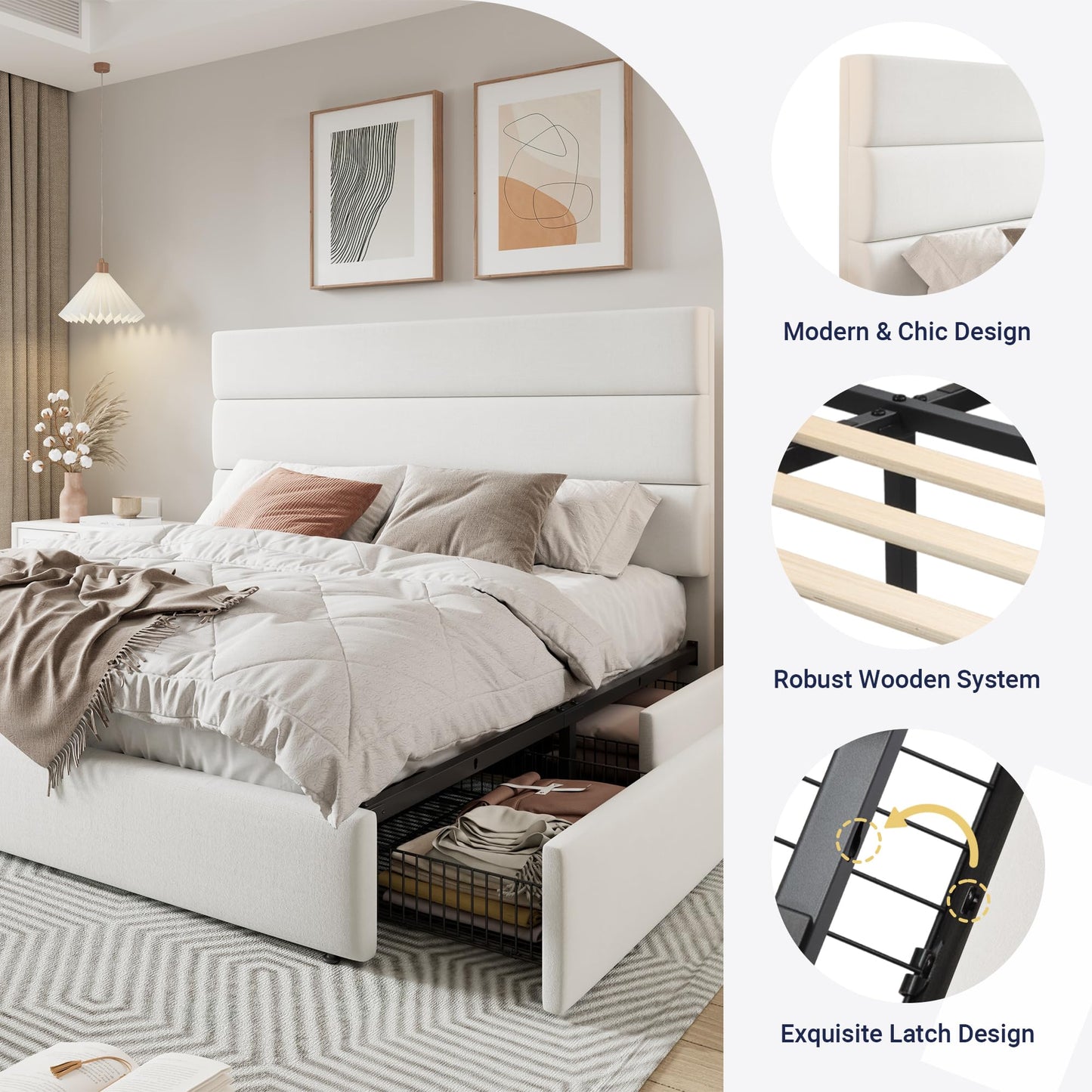Allewie Modern Queen Size Platform Bed Frame with 4 Storage Drawers and Velvet Upholstered Headboard, Wooden Slats Support, Upholstered Mattress Foundation/No Box Spring Needed/Easy Assembly, White