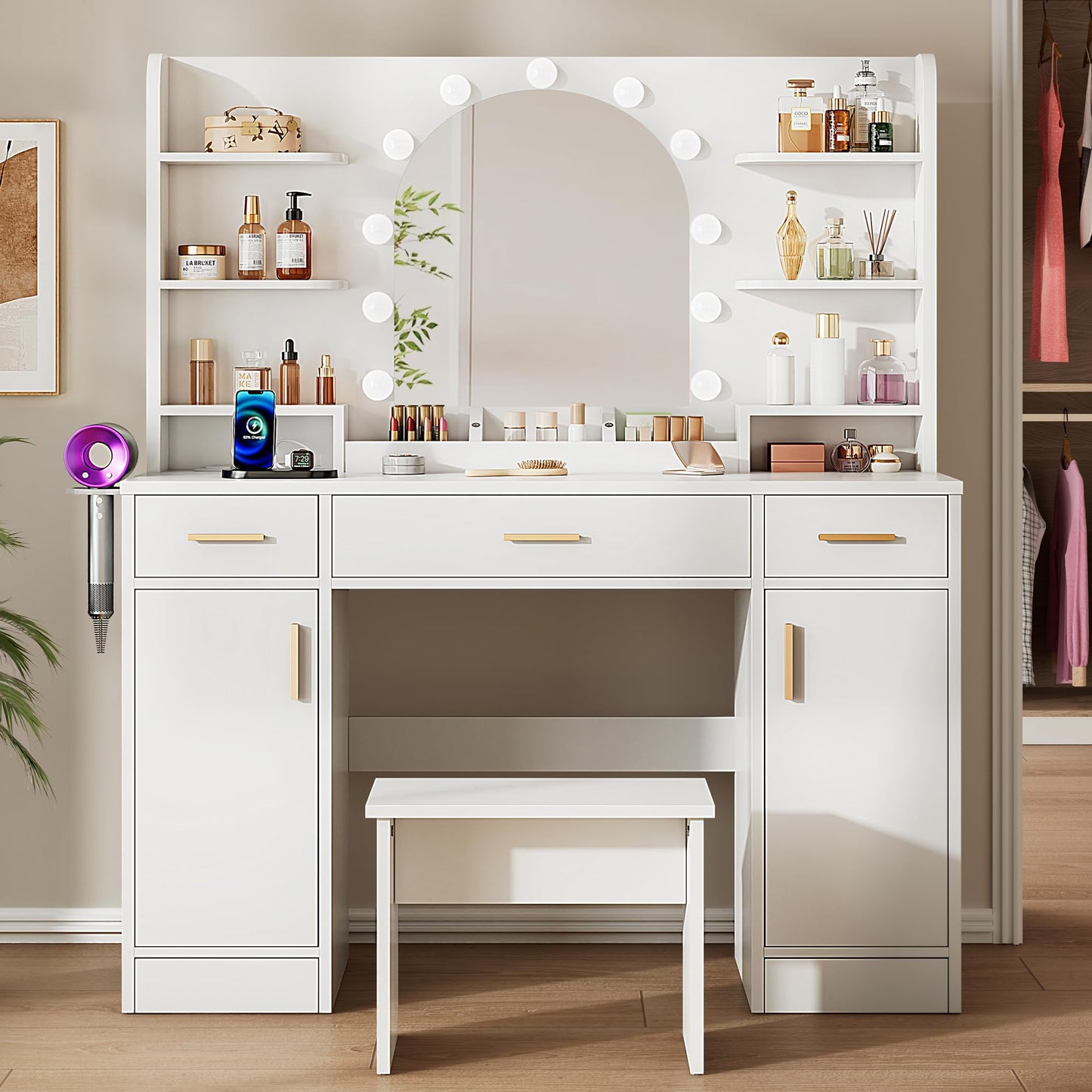 Decofy 43'' White Vanity with 11 LED Lights & Mirrow, Makeup Vanity Table with Power Outlets, Chair & Hair Dryer Holder, Dressing Table with Drawers & Cabinet
