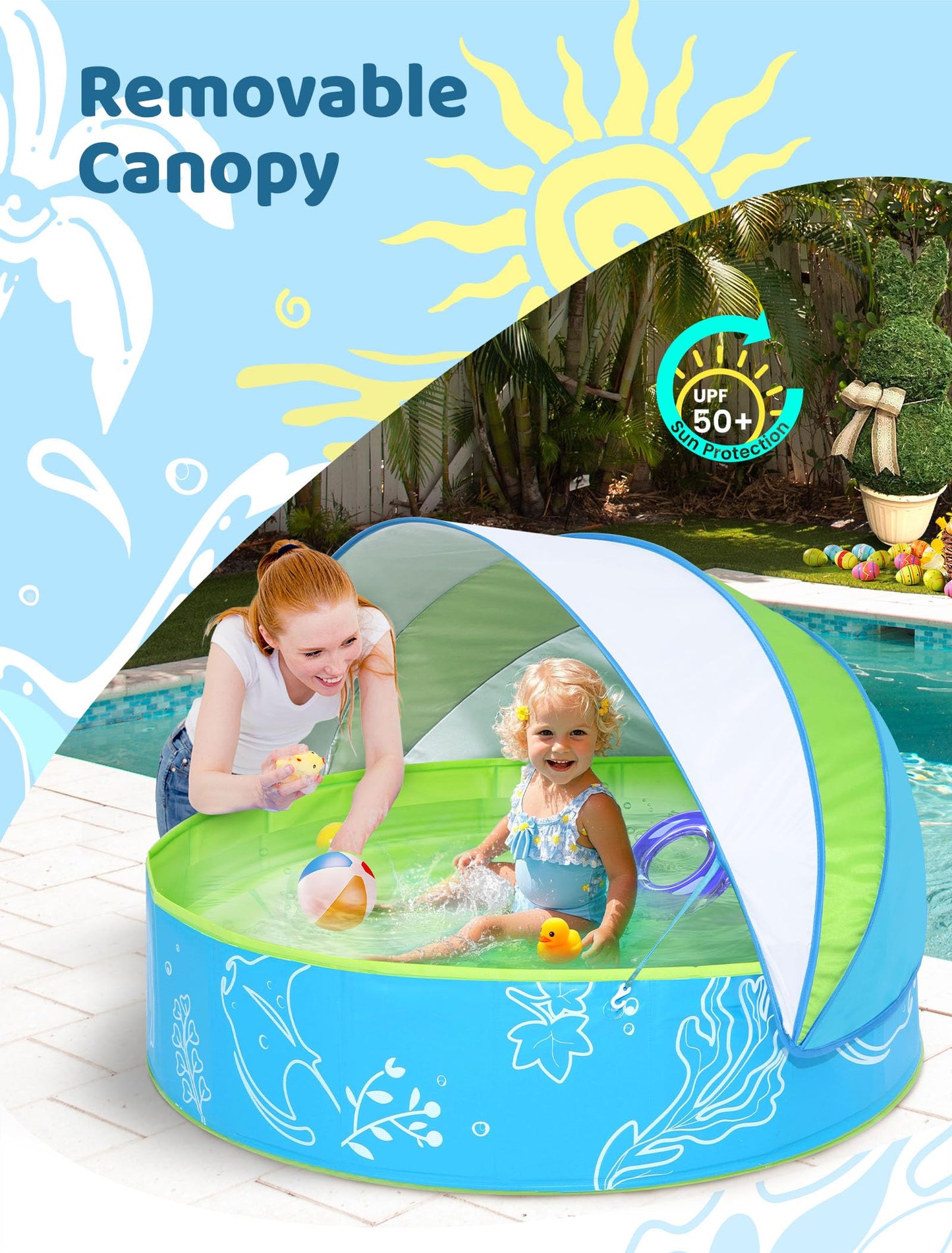 Hikiddy Foldable Kiddie Pool with Canopy: 31.5in/ 47in /63in for Baby Toddler Kids Family - Summer Water Play Pool with Shade - Portable for Outdoor Backyard Beach (Blue-Green, 47in)