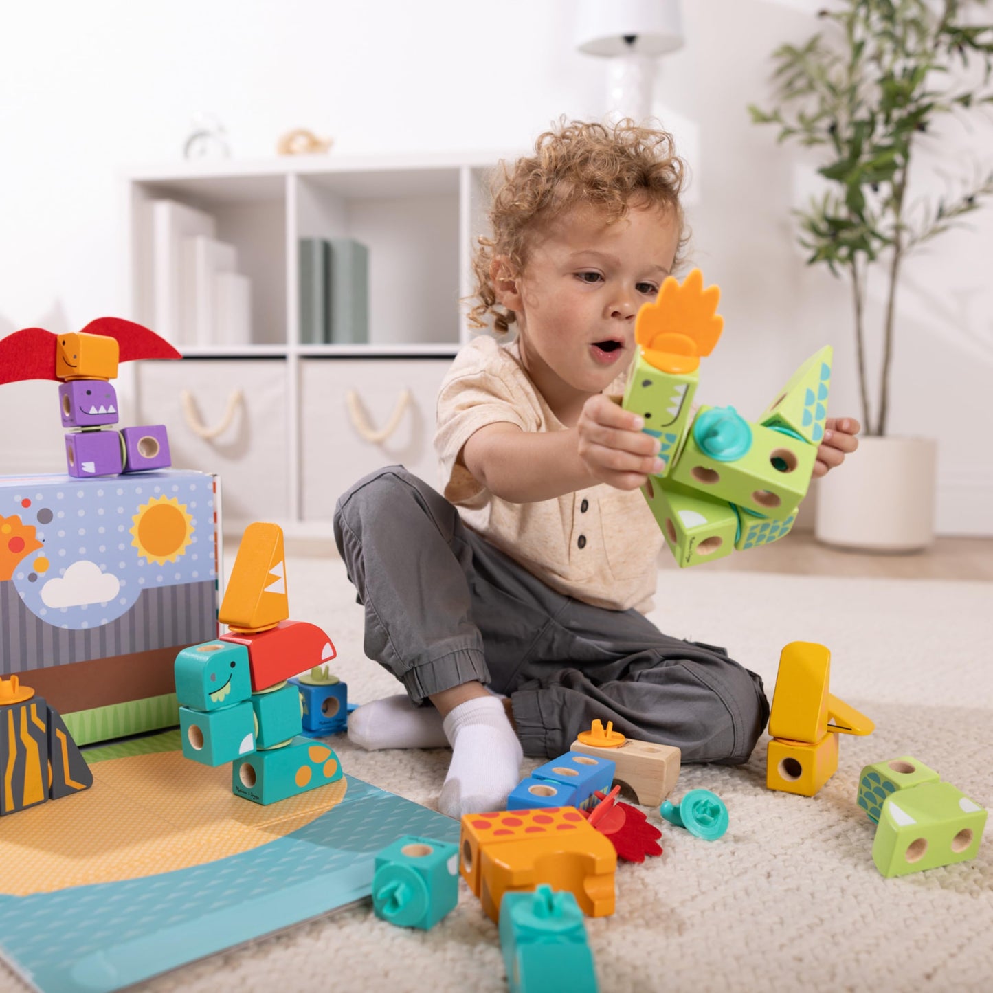 Melissa & Doug Blockables™ Dinosaur Snap and Play, Mix and Match Connectable Wooden Building Blocks Play Set Toy for Preschool Boys and Girls (69 Pcs) - FSC Certified