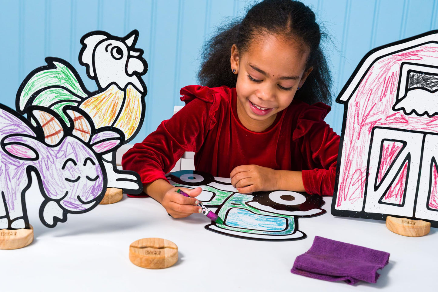 DoodleFace Farm Companion Toy Set for Kids: Color, Play, Wipe Away with Crayons and Eraser. Educational Reusable Coloring Toy with Barn, Goat, Rooster, Tractor.
