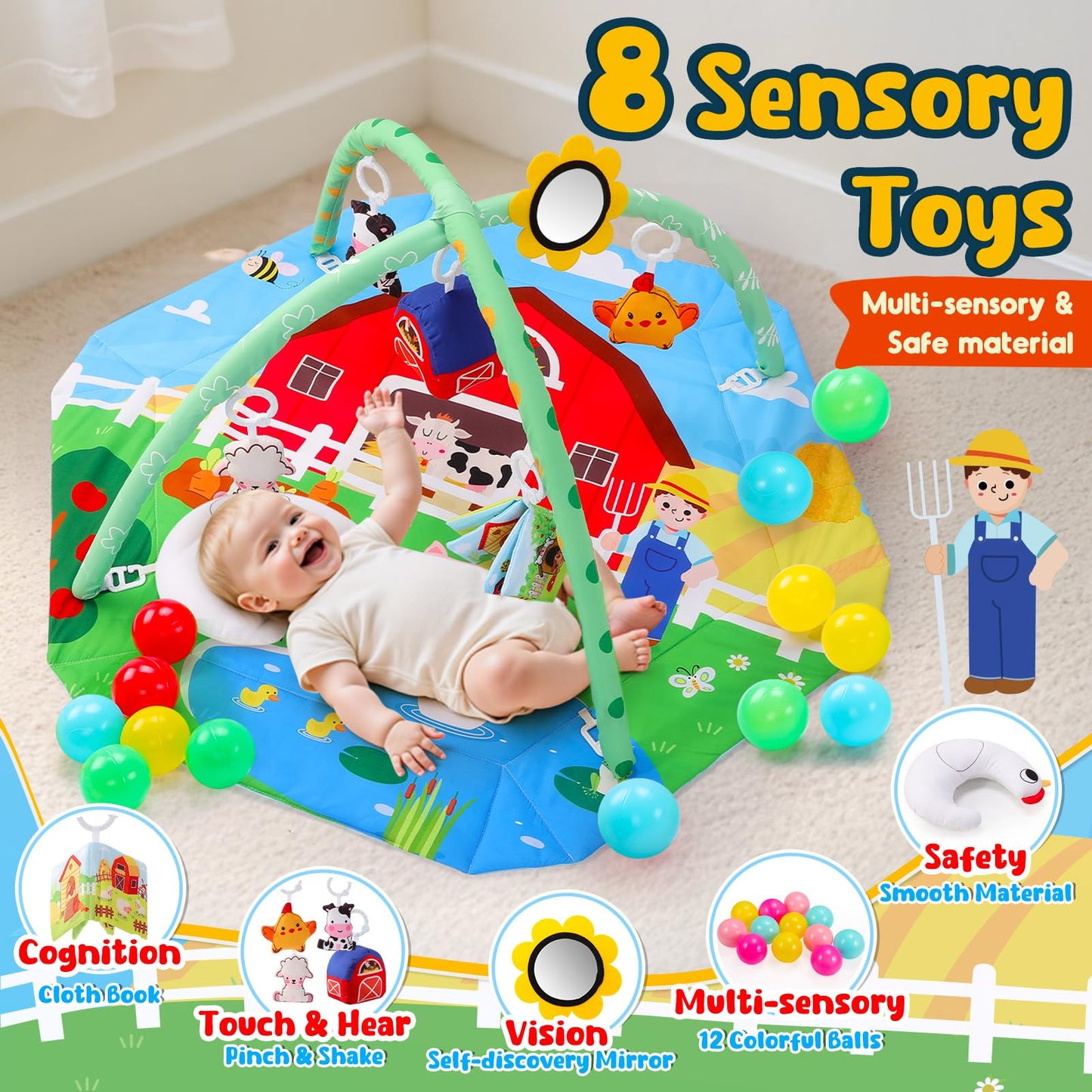Farm Animal Baby Gym Play Mat, 9-in-1 Tummy Time Mat with 7 Baby Toys, Washable Baby Activity Mat for Visual, Sensory, Motor Development, Newborn Baby Toys Gift for Toddler 0-3-4-6-9-12 Months