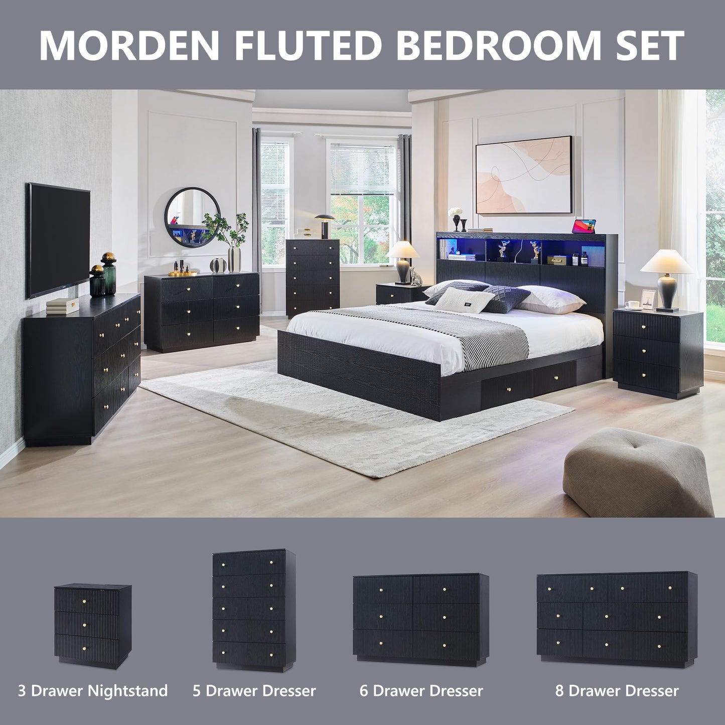 wow97e Fluted Dresser for bedroom, 55"W Black 8 Drawer Dressers, Wood Tall Dresser Storage Organizer, Modern Bedroom Chest of Drawers with Deep Storage for Closet Hallway, Entryway, Living Room Black