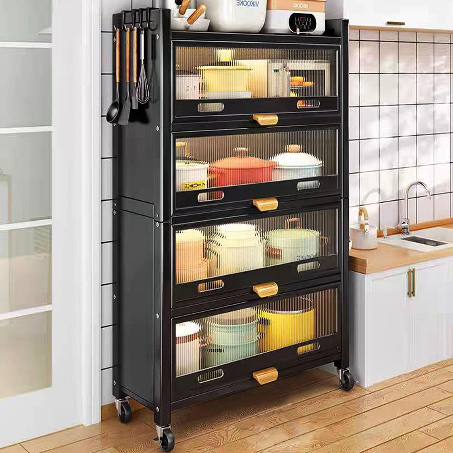 LXSJCYGJ 5-Tier Kitchen Storage Cabinet,Microwave Stand,Freestanding Kitchen Bakers Rack with 4 Rolling Casters,for Dining Room, Living Room and Study (Black, 12.6X 27.6X 57.3)