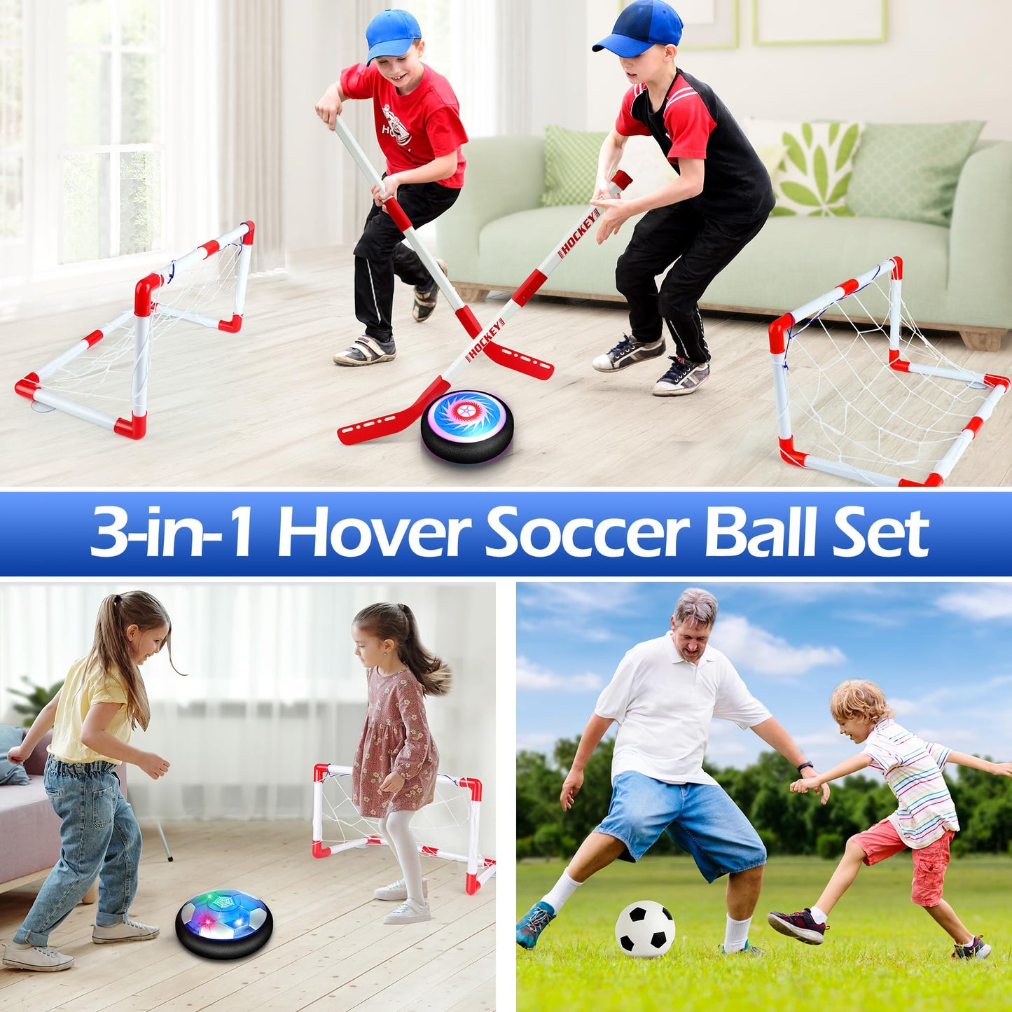 Helsort Hover Soccer Ball Set, Hover Hockey Set for Kids, Air Floating Soccer Toys Hockey Ball with Led Light, Indoor Outdoor Sports Toys & Games, Christmas Birthday Gifts for 3-12 Years Boy Girl