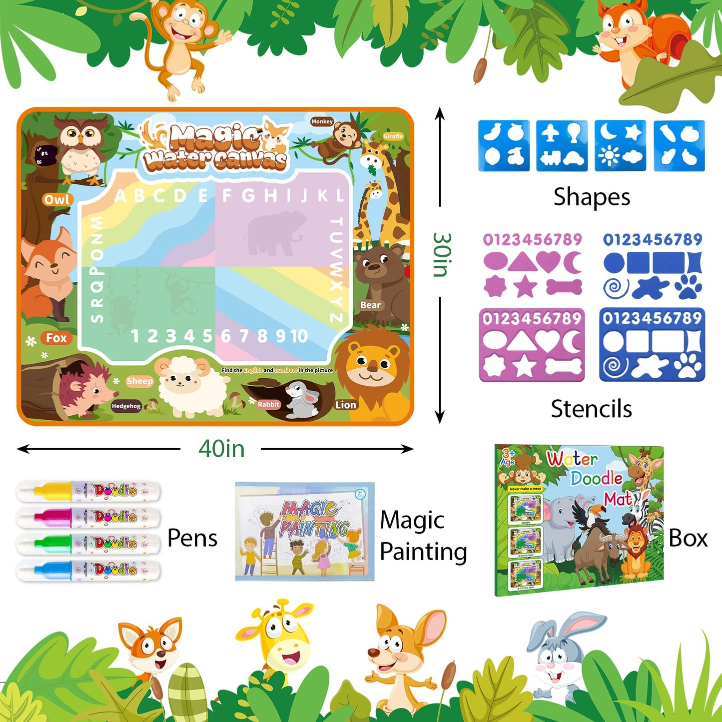 BlissfulBlend Water Doodle Mat Kids Mess Free Coloring for Toddlers 3 4 5 6 7 8 9 Years, 19 Pack Educational Toys, Doodle Mat with Magic Water Pens Boys Girls Christmas Birthday Holiday Present